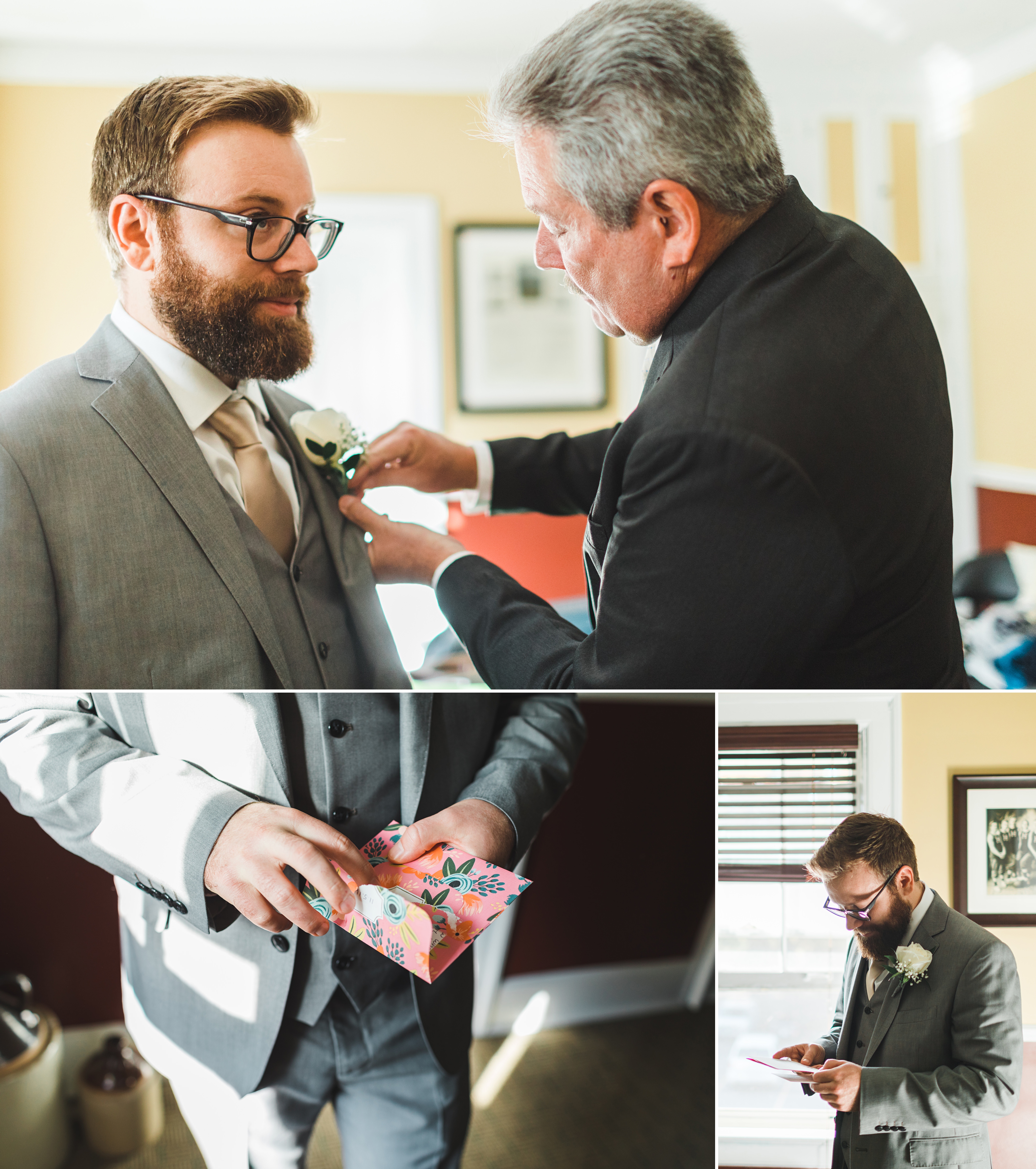 Detail photos of a groom reading a letter at a Longacre House Wedding in Michigan