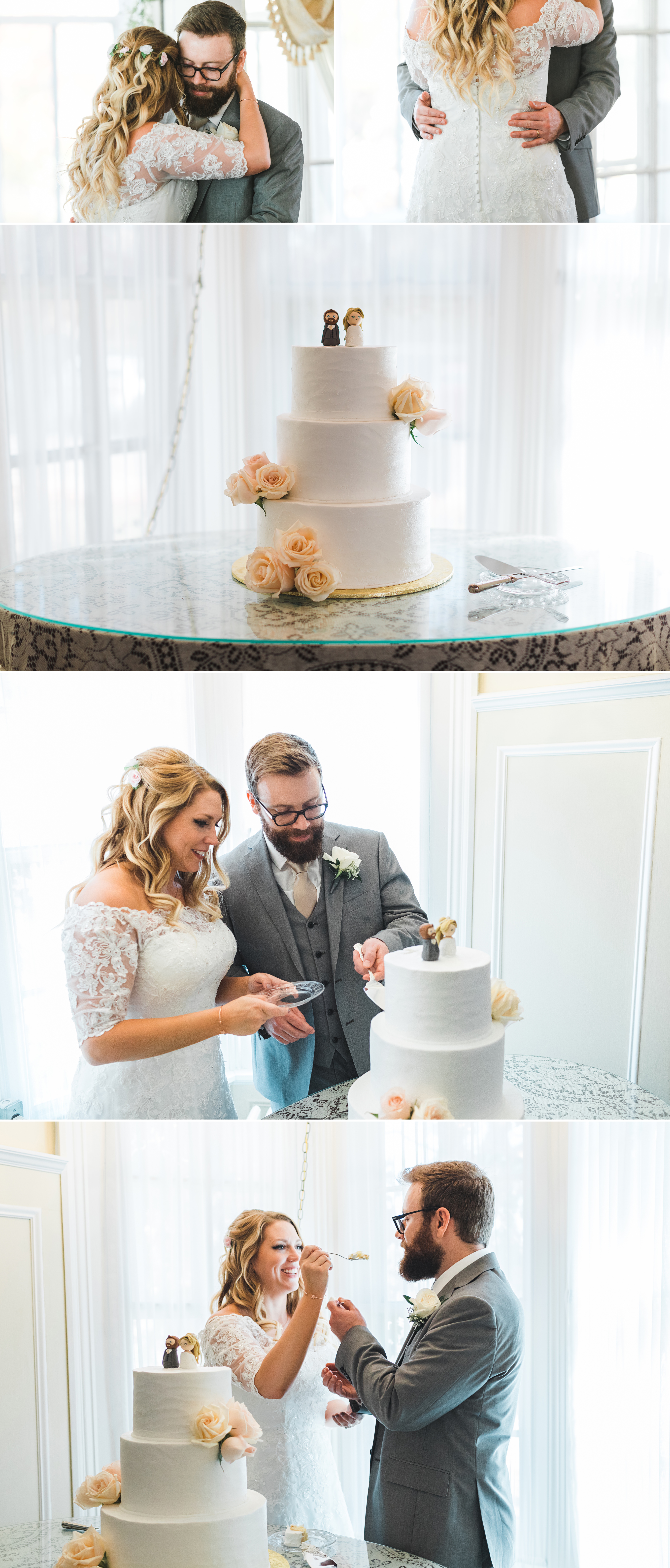 Collage of bride and groom during their first dance and cake cutting during Longacre House Wedding in Michigan