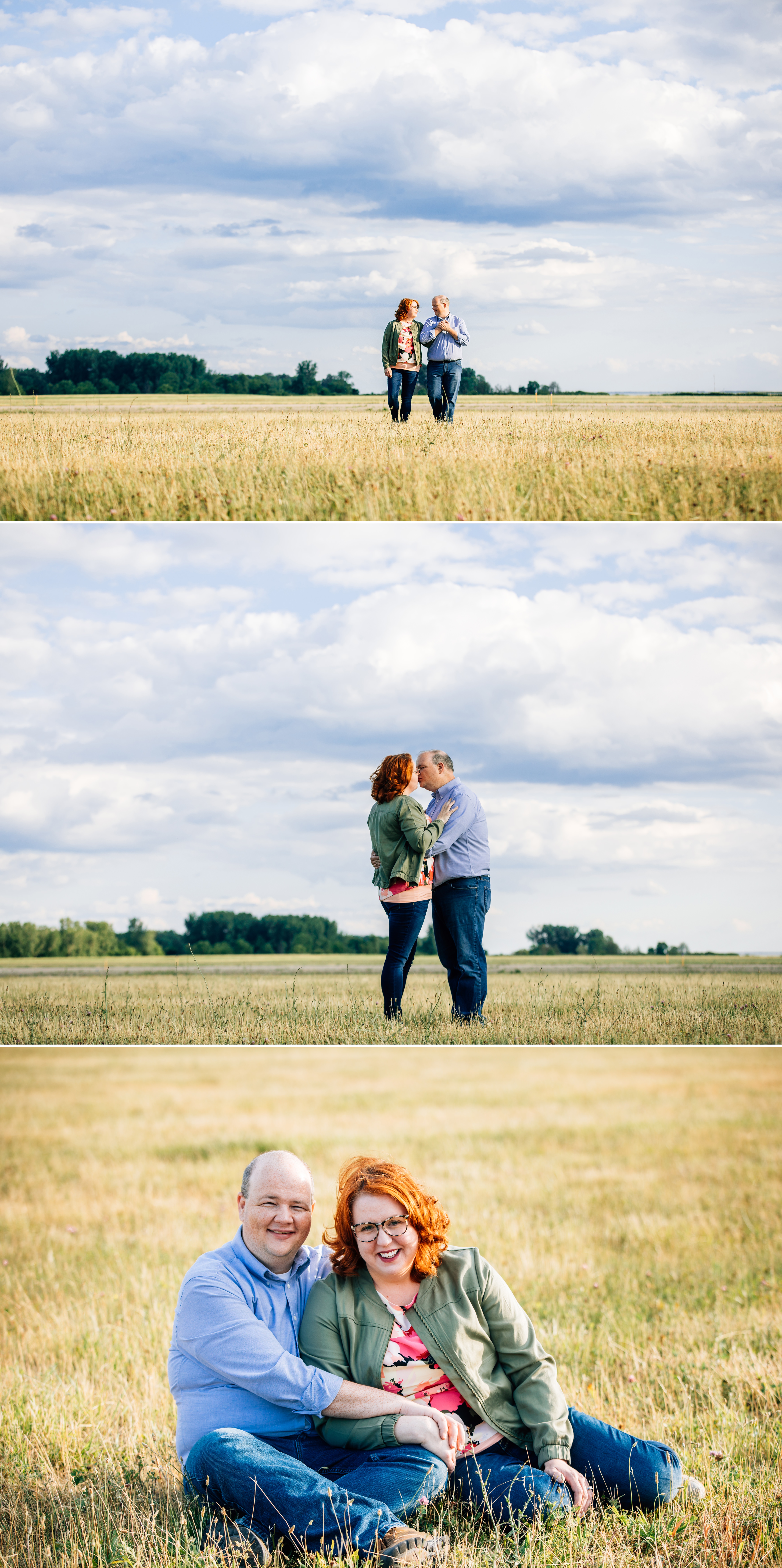 Photo of couple in the field during their grosse ile engagement session at naval air station grosse ile