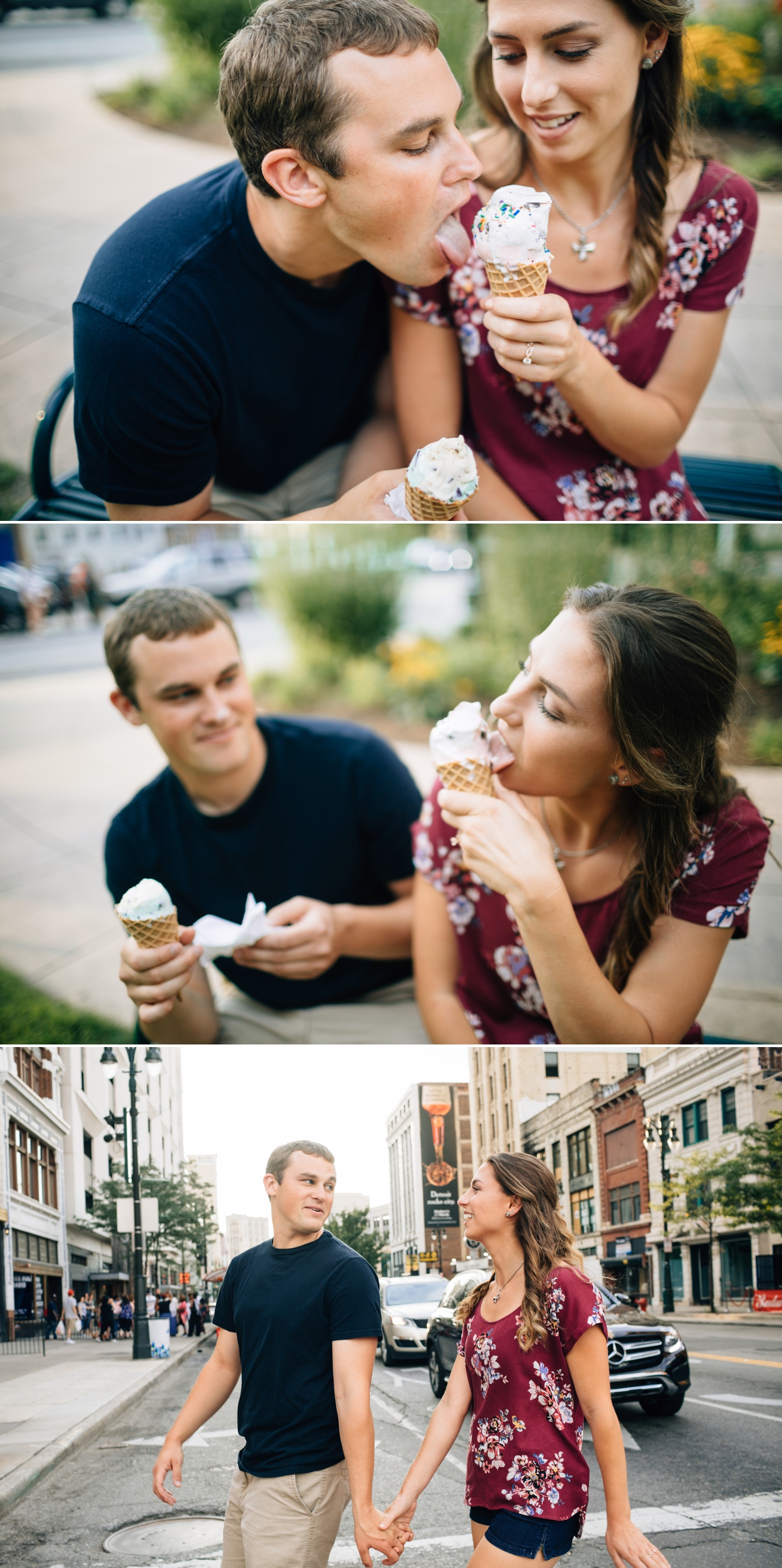 Man and Woman eating ice cream during engagement session in Greektown