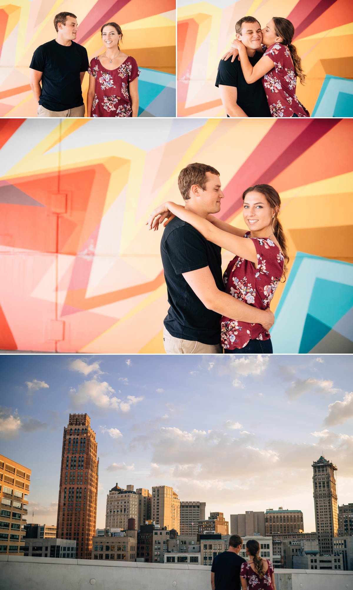 Man and woman at the top of a parking garage in Detroit for an engagement session