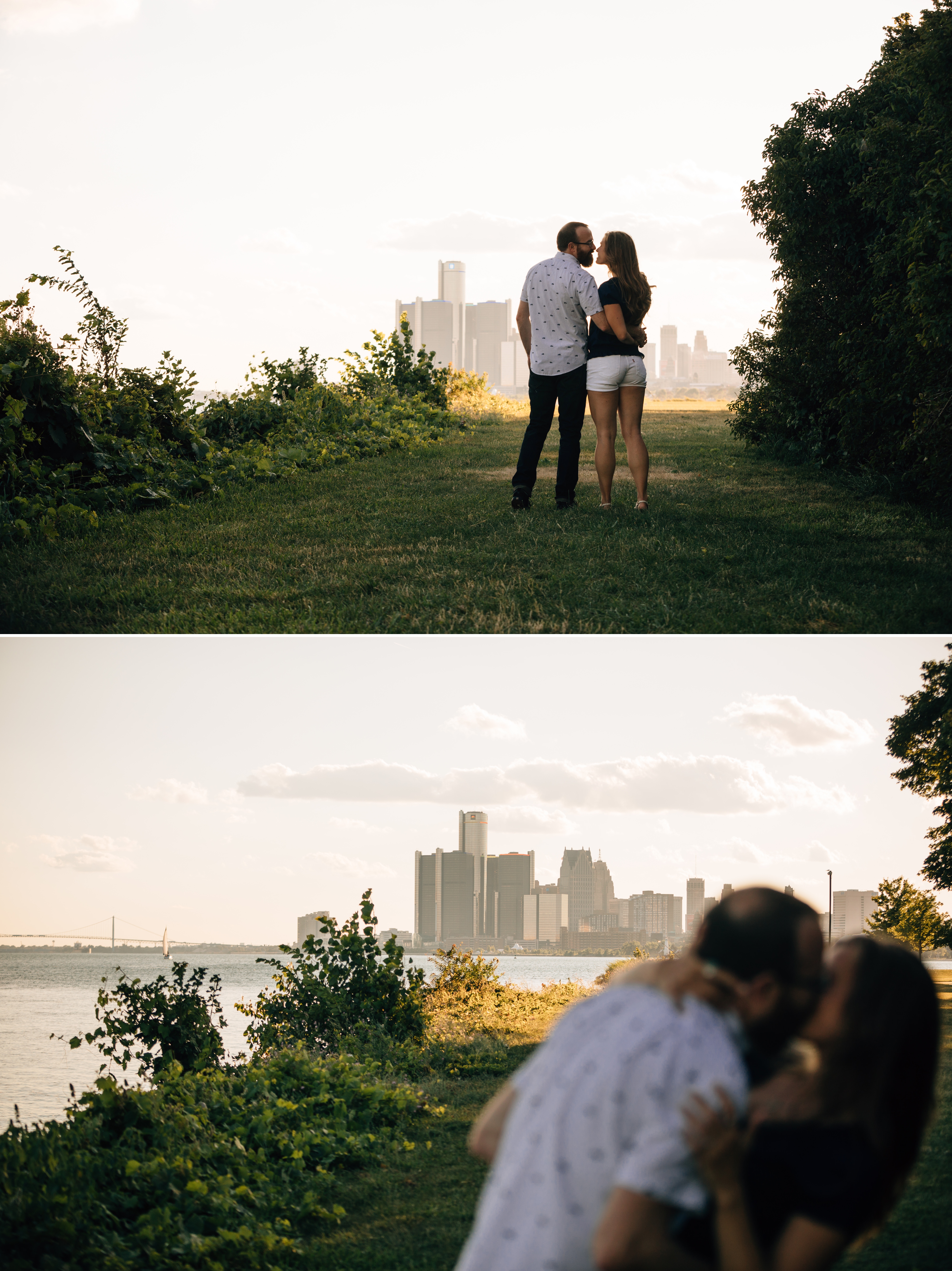 Man and woman looking out over the Detroit river with a view of the GM building