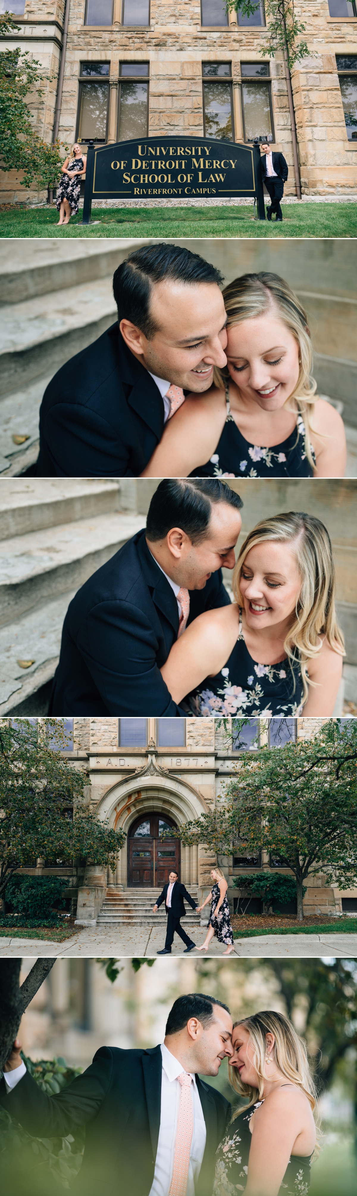 Guy and girl cuddling and holding hands at the University of Detroit Mercy for their engagement session