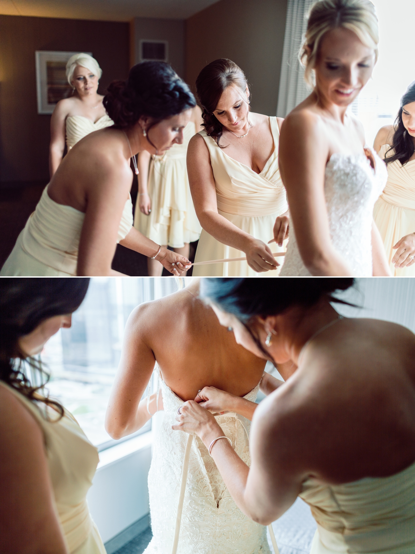 Bridesmaids helping bride get her dress on at the Detroit Mariott