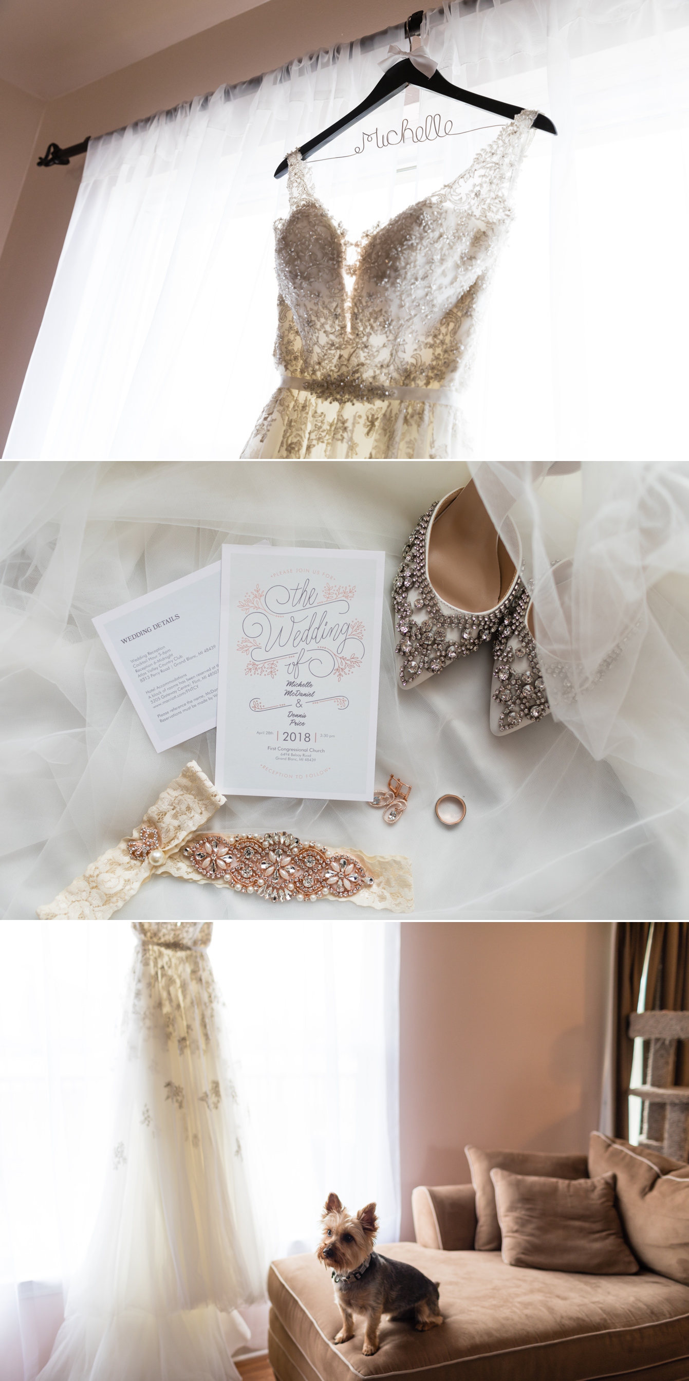 Bride's wedding day details including shoes, invitations, dress, and rings at the Atlas Valley Country Club