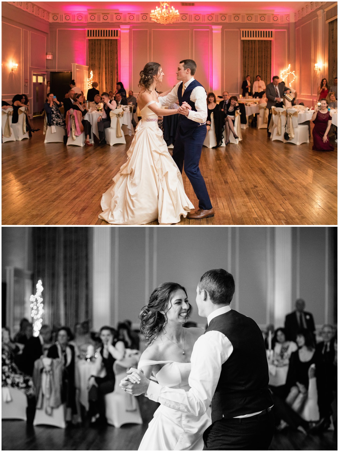 bride and groom's first dance at the meeting house grand ballroom in Plymouth Michigan