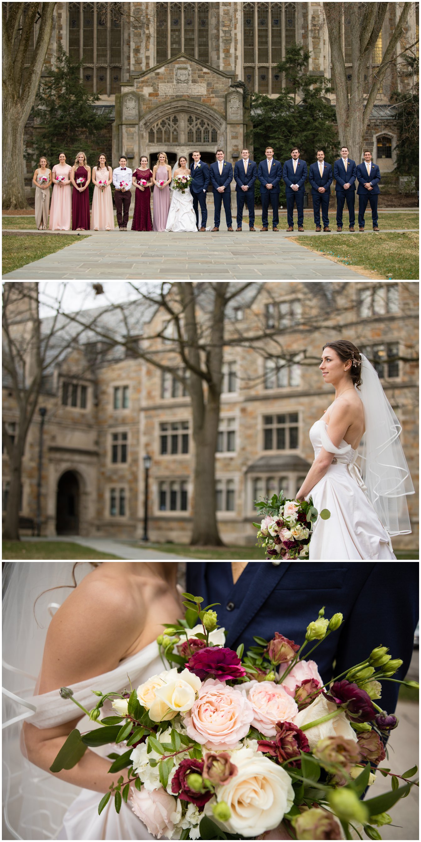 Wedding Party standing in the law quad in Ann Arbor Michigan