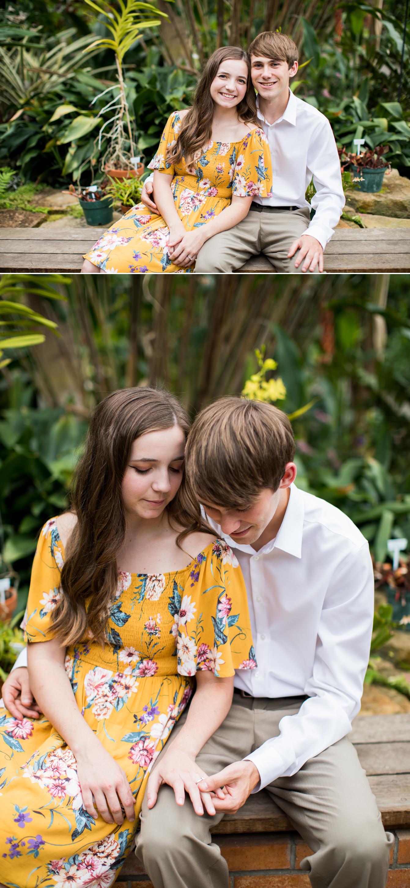 Guy and girl sitting together at an engagement session at Matthaei Botanical Gardens in Ann Arbor, Michigan