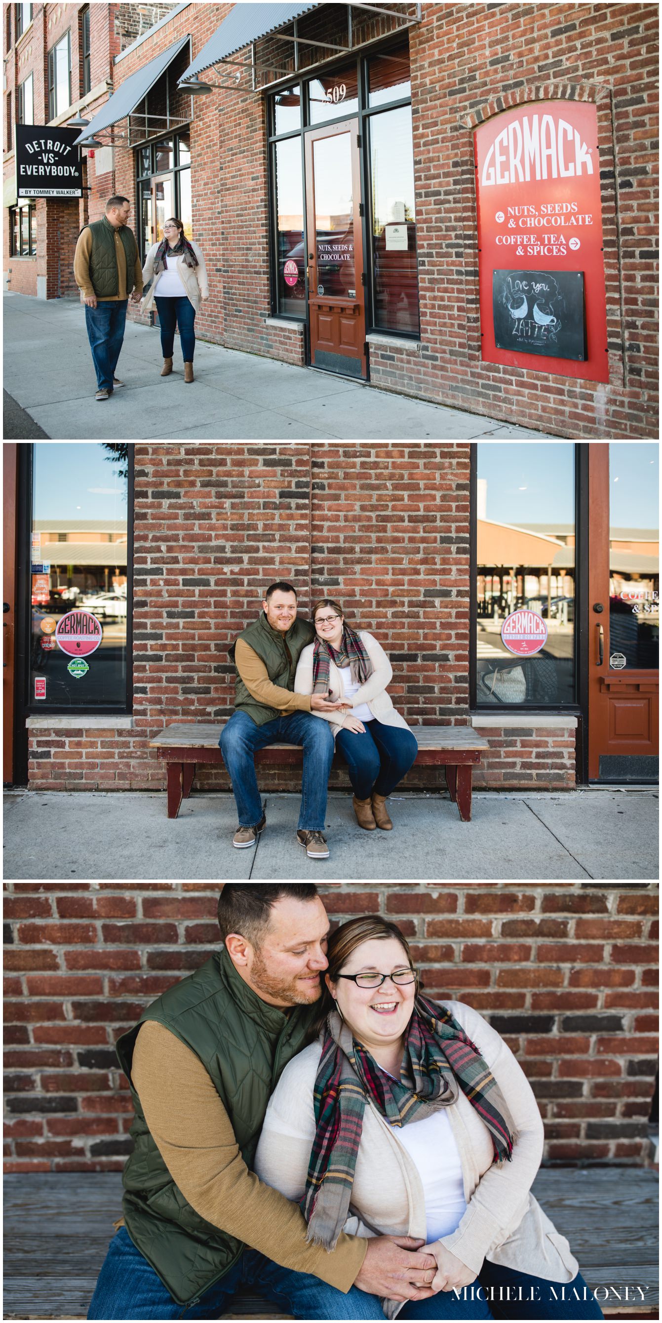 This couple is on taking photos to celebrate their engagement at the Eastern Market in Detroit Michigan