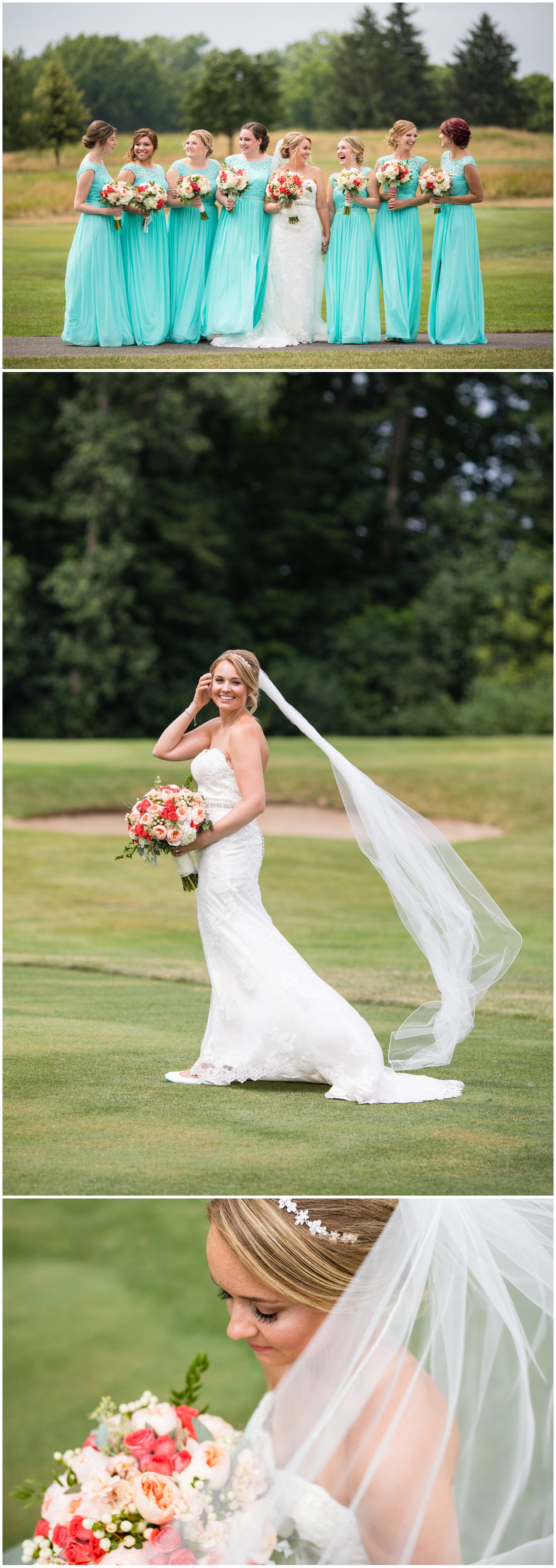 Bride and Bridesmaids portraits on the golf course at Fox Hills in Plymouth Michigan