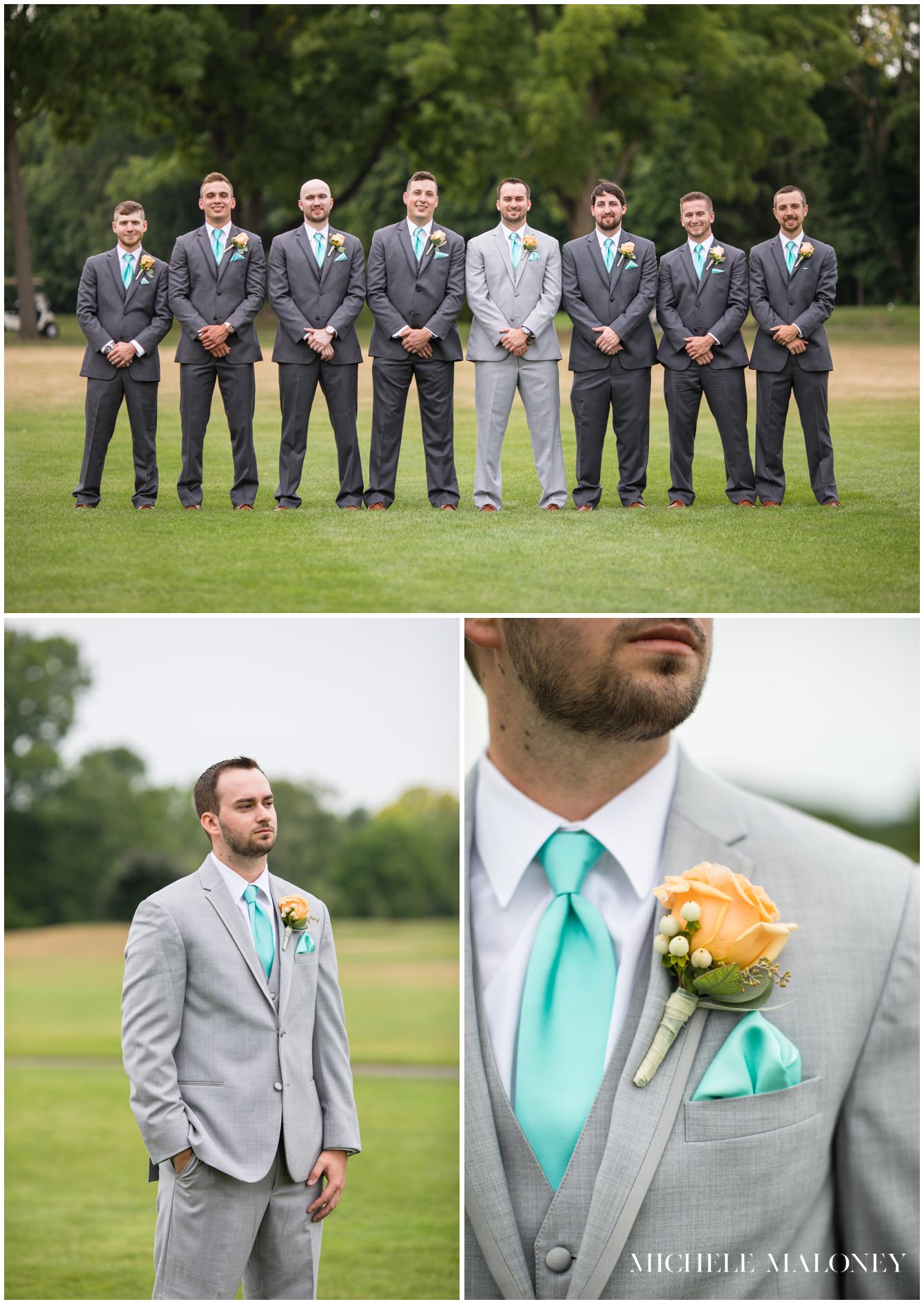 Groom and groomsmens portraits on the golf course at Fox Hills in Plymouth Michigan