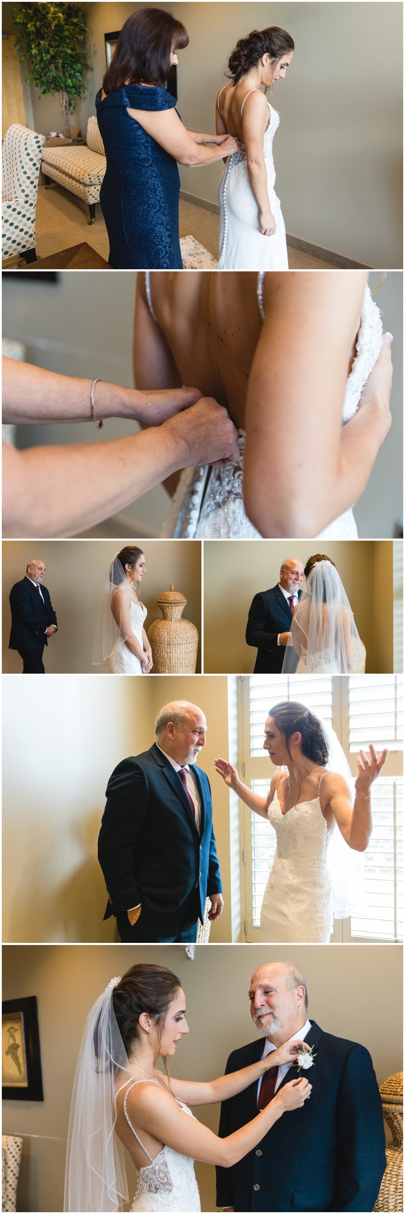 bride's mom putting on her dress and then seeing her dad for the first time