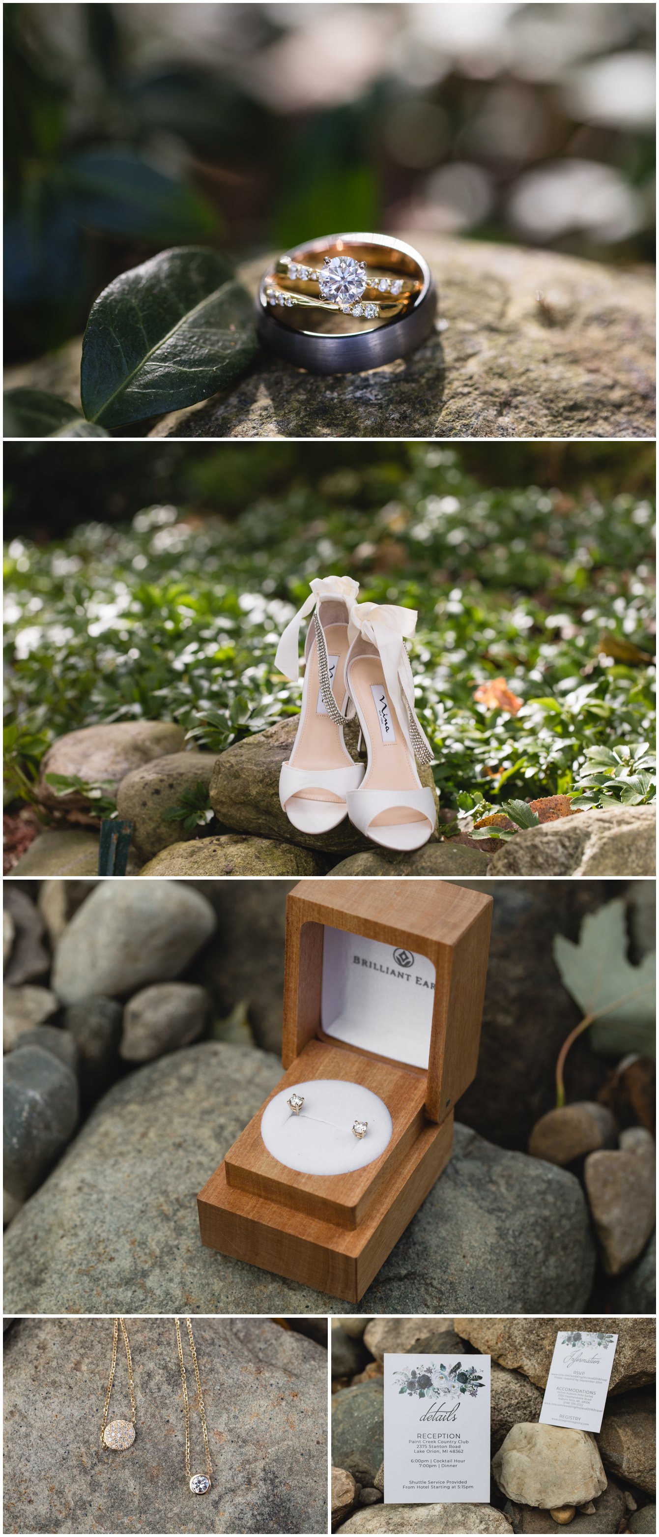 brides rings, shoes, jewelry, and invitations