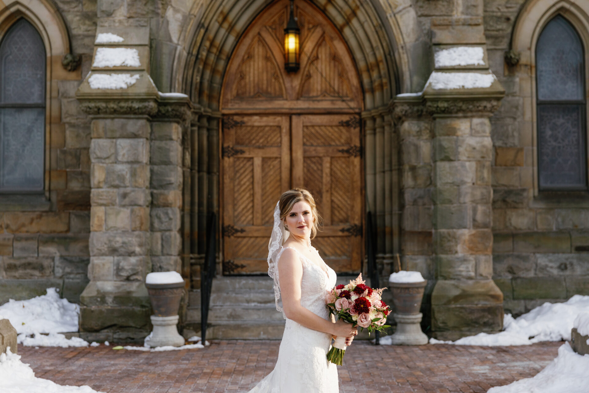 bridal portrait at a fall wedding Ste. Anne de Detroit by Michele Maloney Photography