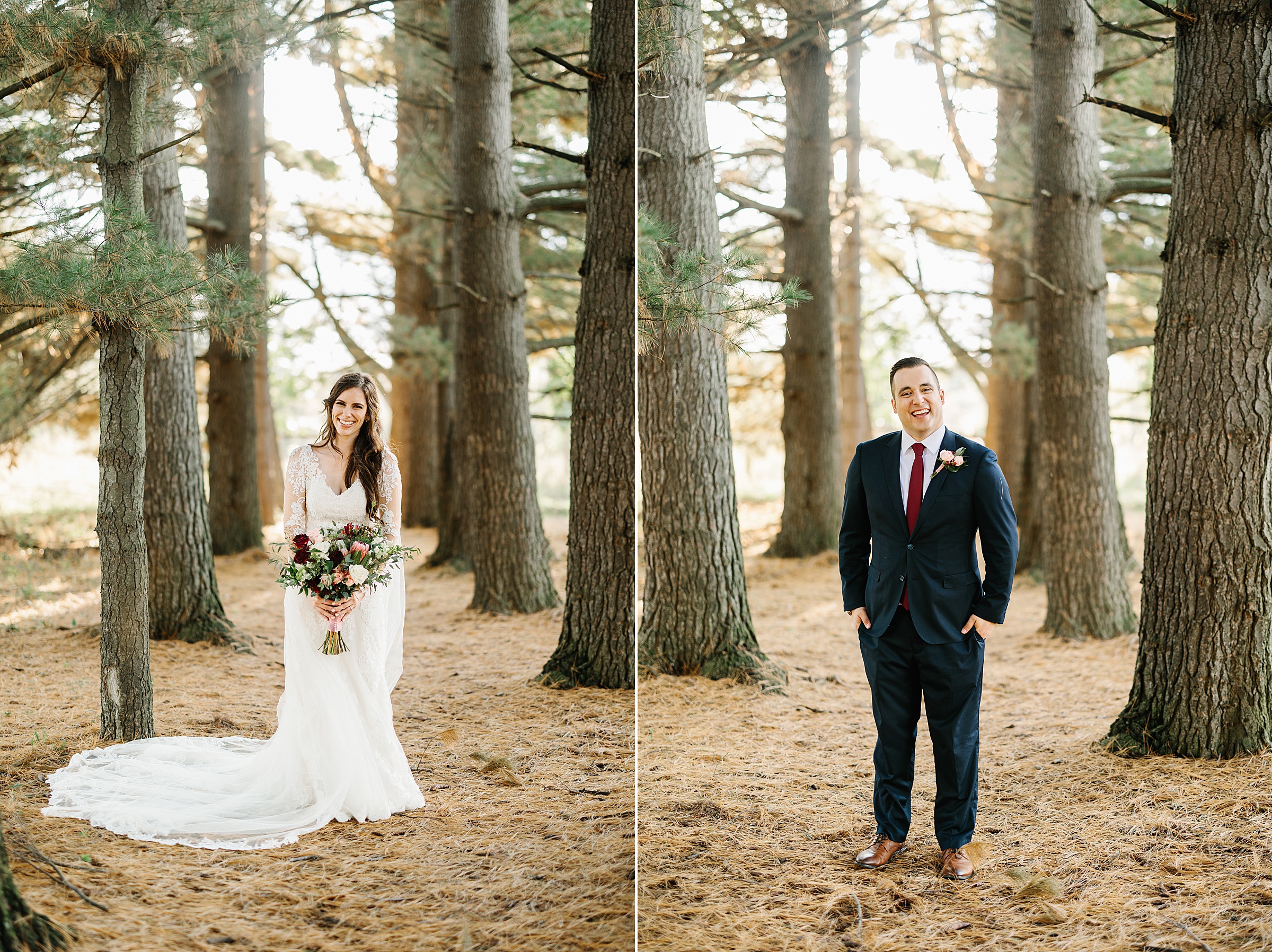Bride and groom both smile for individual portraits amongst pine trees by Detroit Wedding Photographer Michele Maloney 