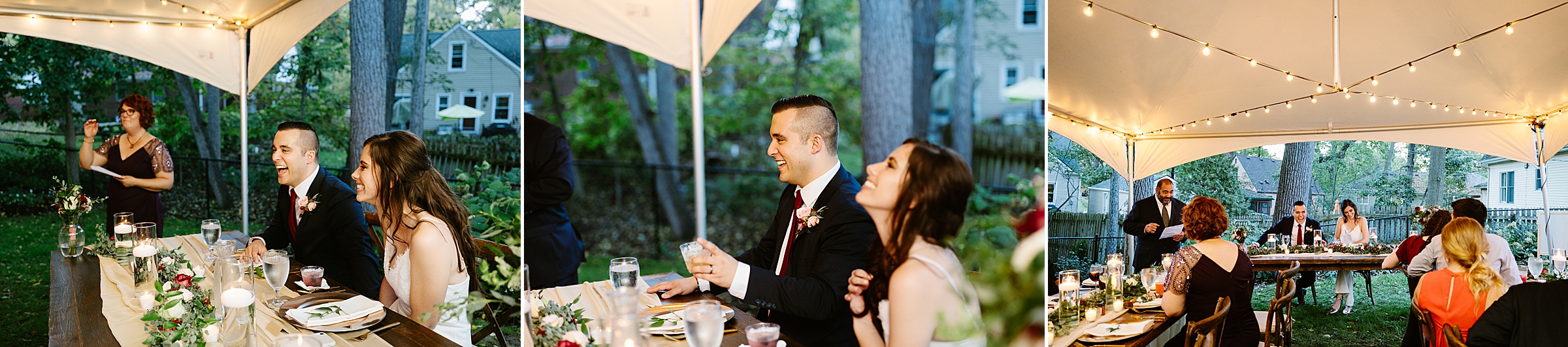 Bride and groom laugh as they listen to toasts and speeches during the Ann Arbor intimate wedding by Detroit Wedding Photographer Michele Maloney
