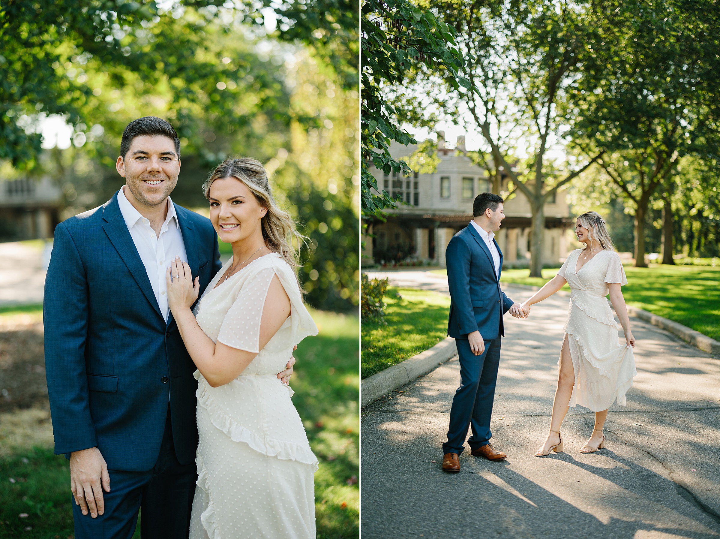 Engaged couple poses for portrait; Engaged couple holds hands and looks at each other for their Henry Ford Fair Lane engagement session by Detroit Wedding Photographer Michele Maloney 