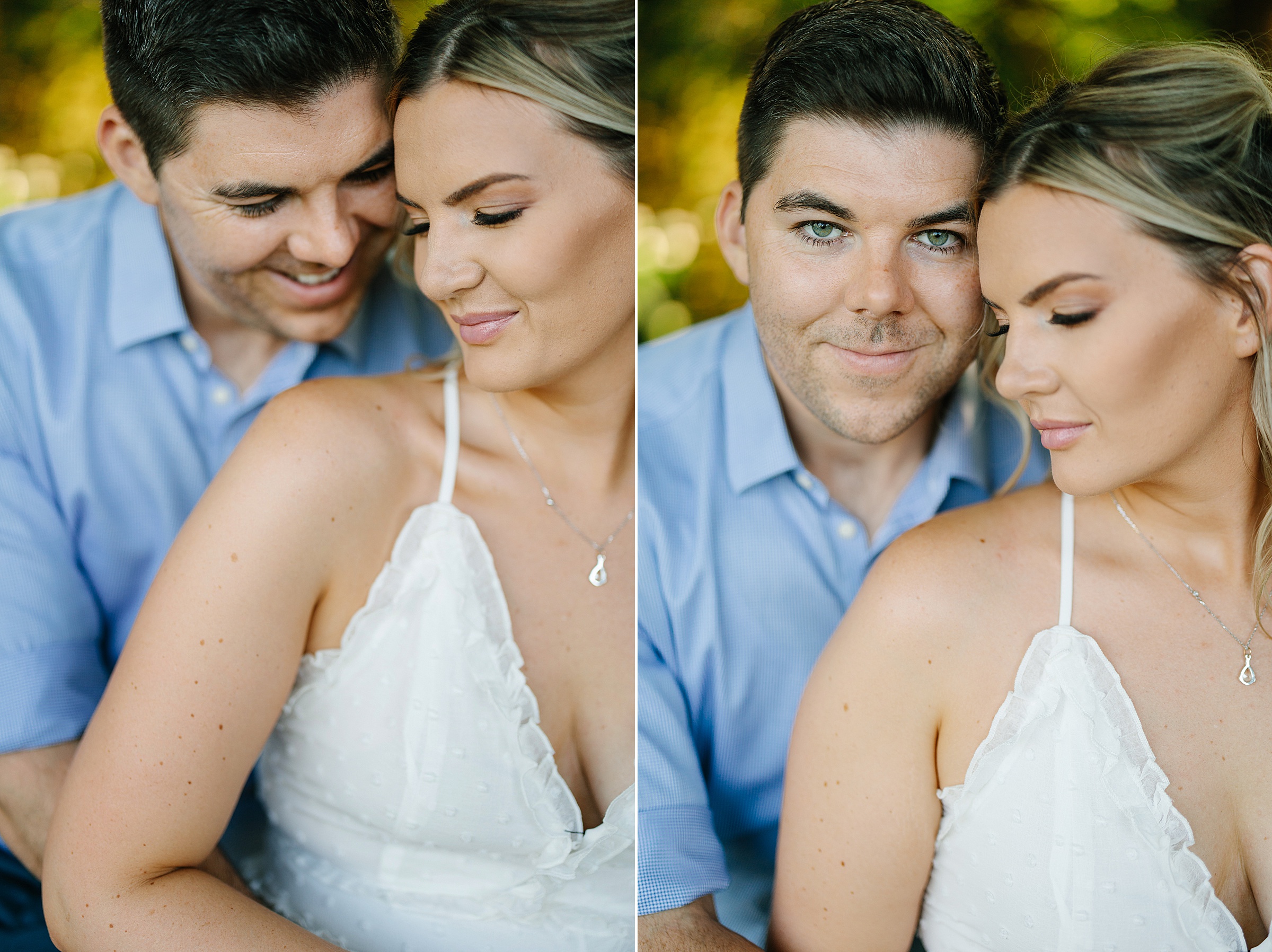 Engaged couple sits together and snuggles close, fiancé holds his future bride and looks at camera