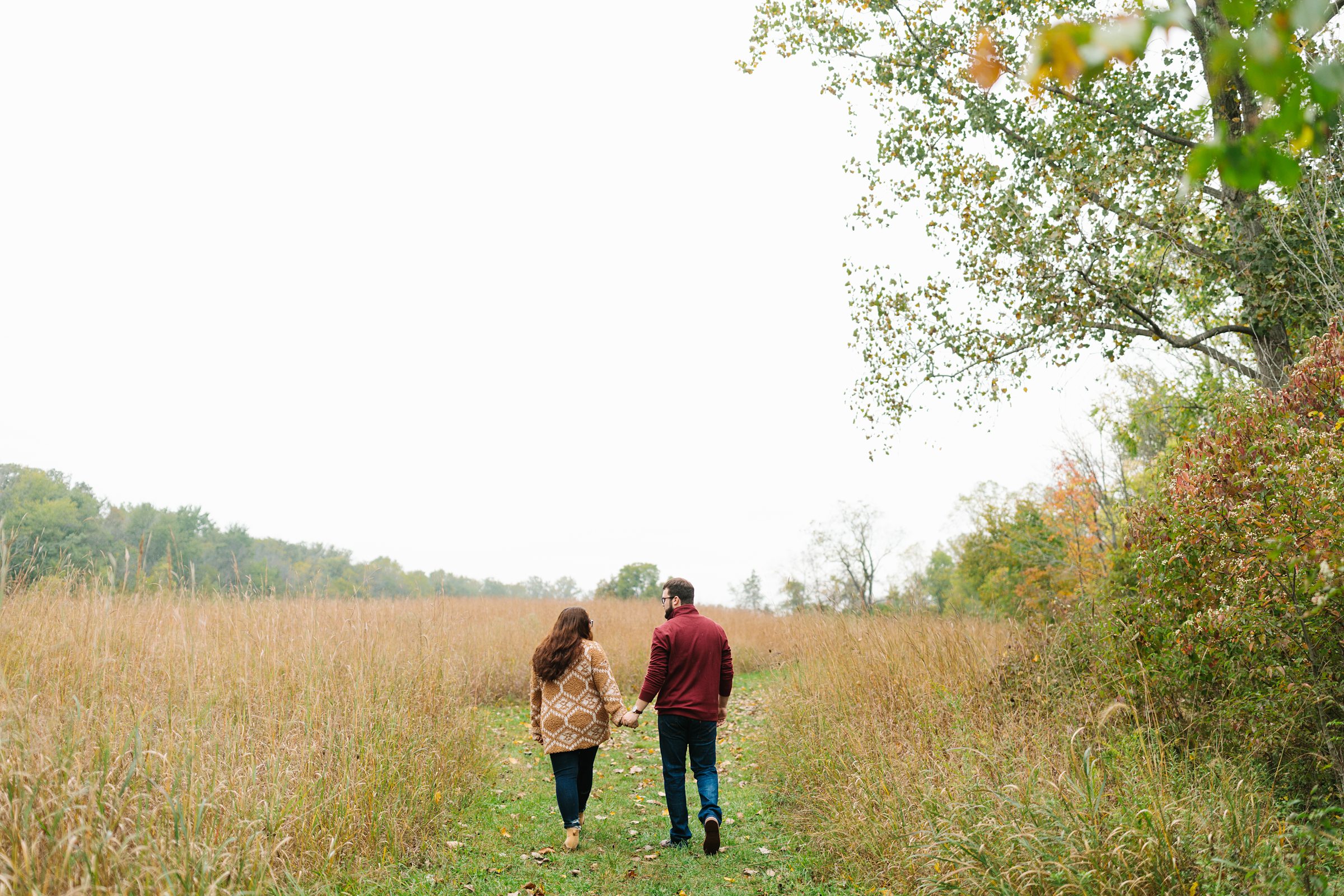 Faraway shot of engaged couple from behind walking on a grassy path and holding hands for a fall engagement session by Detroit Wedding Photographer Michele Maloney