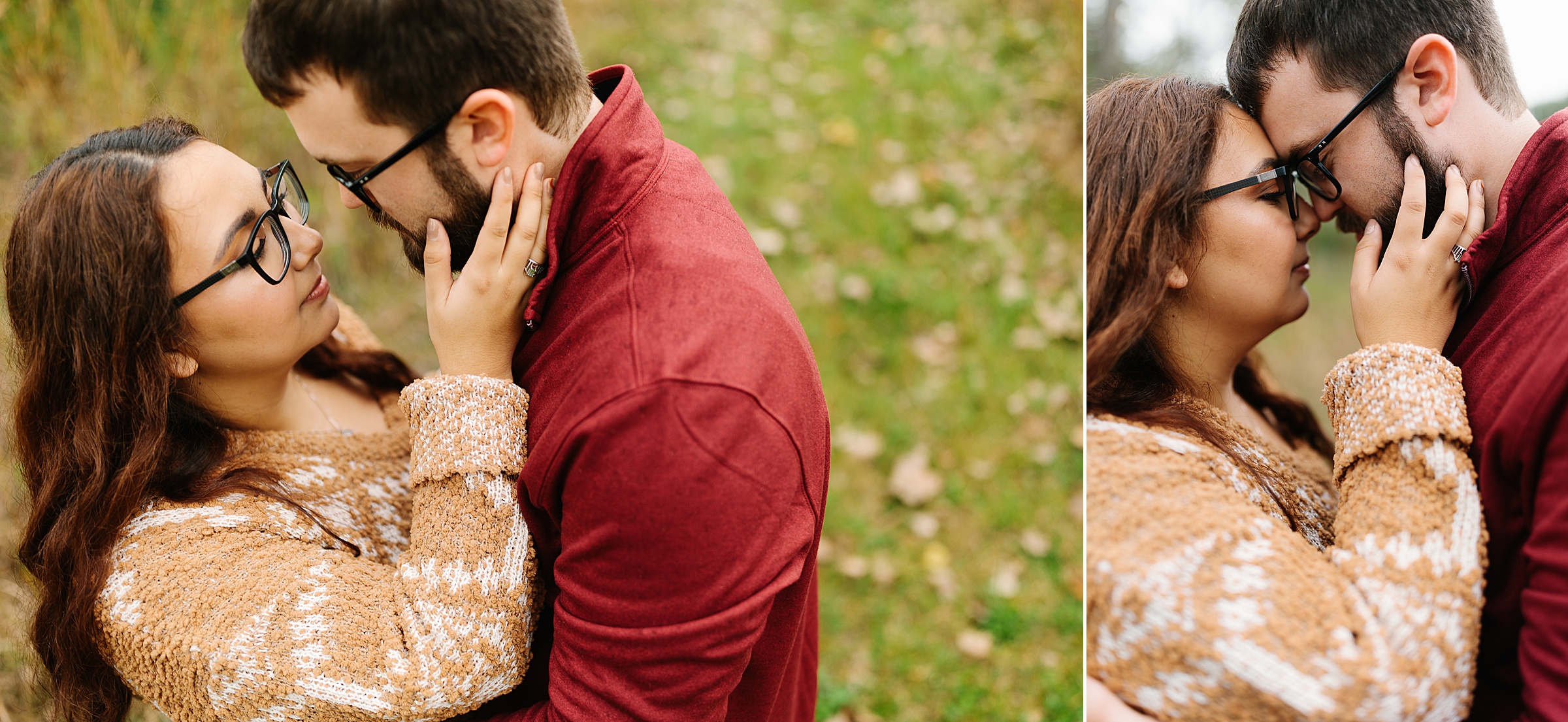 Intimate shot of engaged couple about to cozy up close; engaged couple touches their foreheads together for a fall engagement session by Detroit Wedding Photographer Michele Maloney