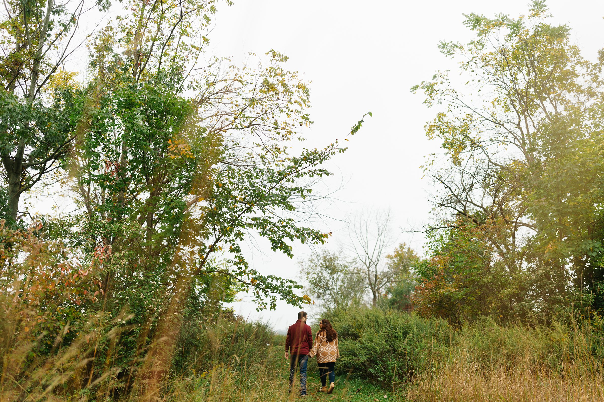 Faraway shot of engaged couple from behind taking a stroll in the woods for their fall engagement session by Detroit Wedding Photographer Michele Maloney