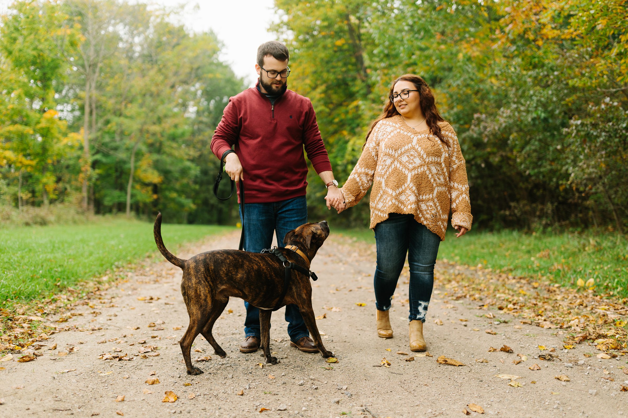 Engaged couple hold hands and stops during their walk with their dog, dog is looking up at the future bride during their fall engagement session by Detroit Wedding Photographer Michele Maloney