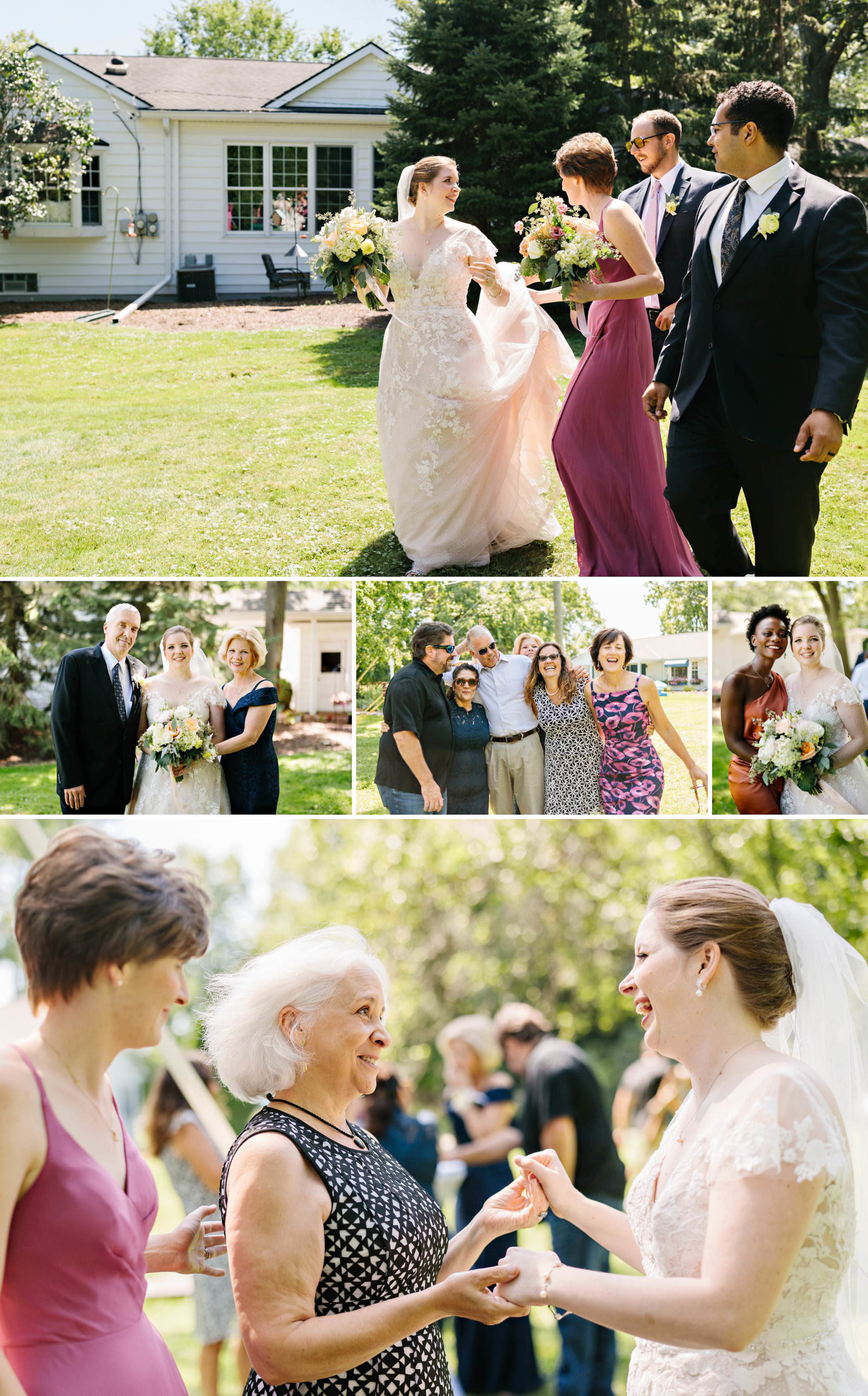 Bride walks while looking at bridal party over her shoulder; bride poses with family; families pose for pictures; bride and friend pose for a picture; bride's grandma and bride smile at each other and hold hands by Detroit Wedding Photographer Michele Maloney
