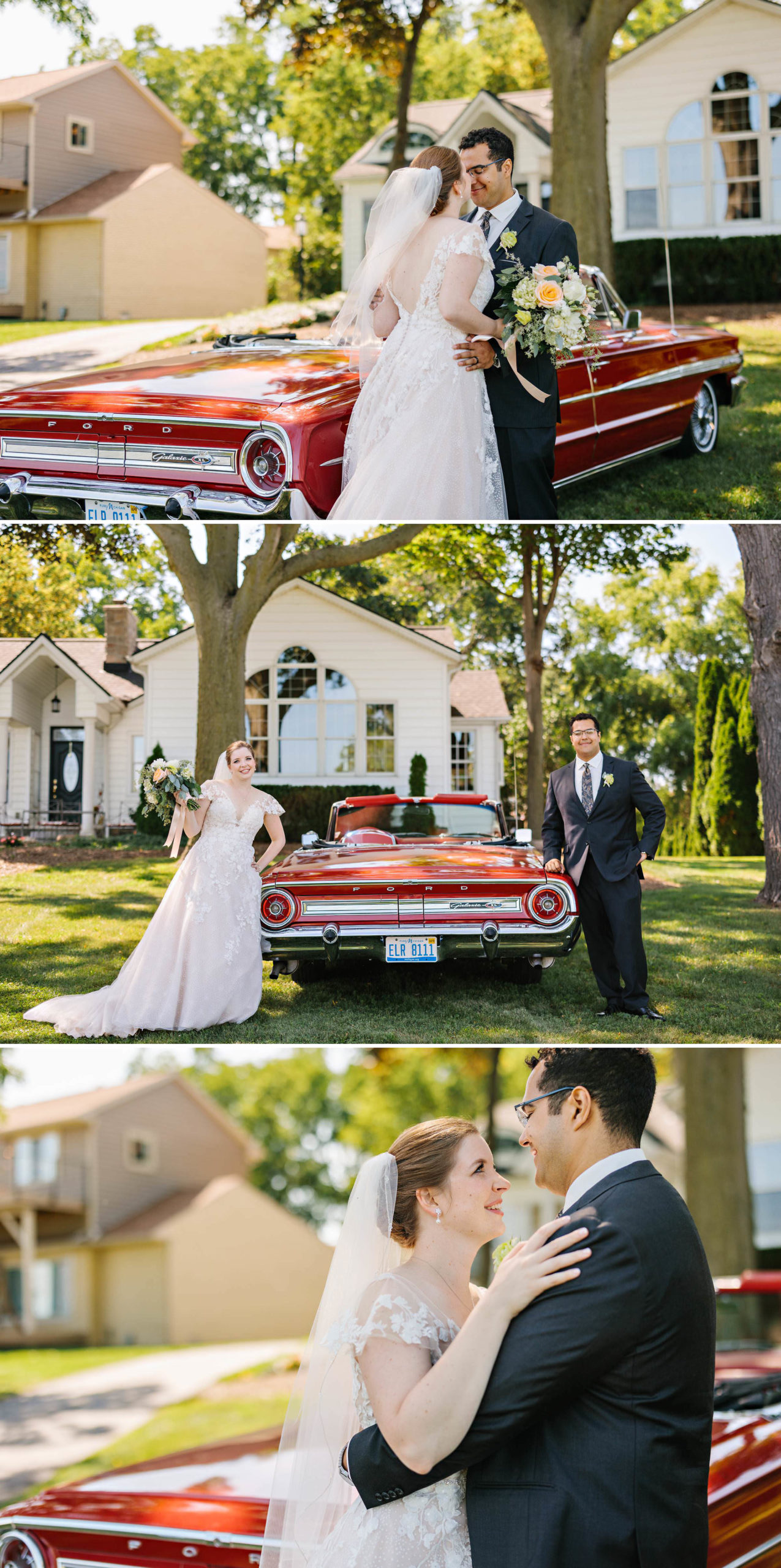 Bride and groom embrace in front of their getaway car; bride and groom pose with getaway car by Detroit Wedding Photographer Michele Maloney