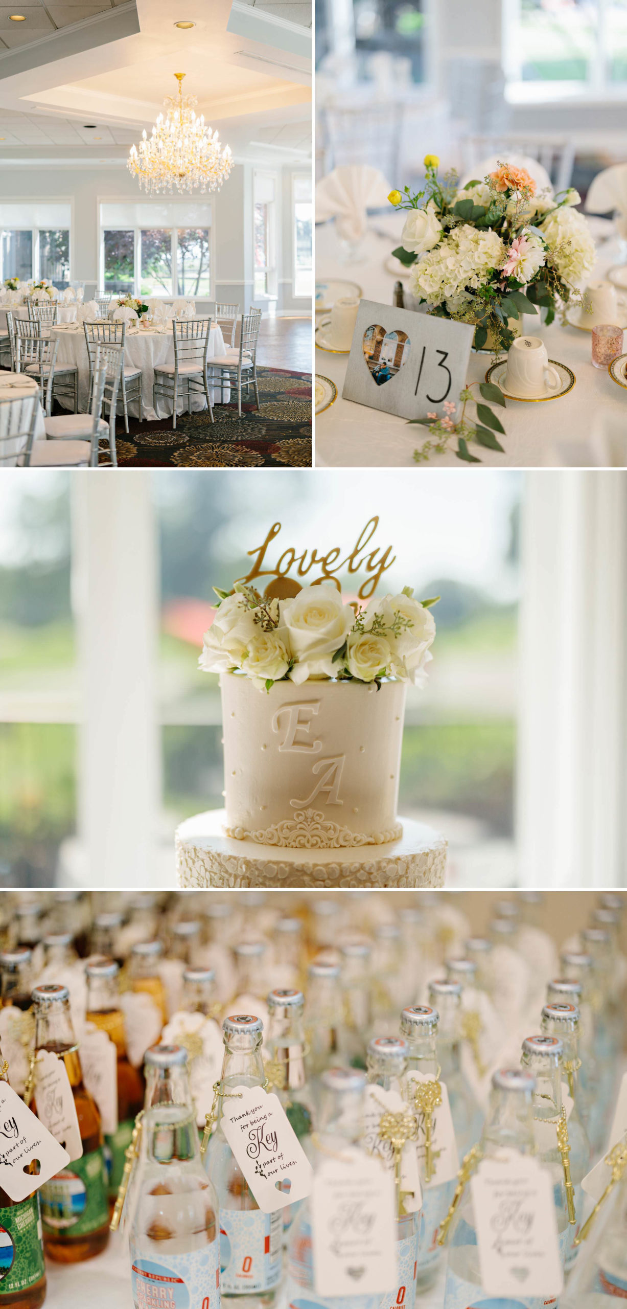 Reception details; chandelier; table settings; table centerpieces; wedding cake; wedding favors at the Grosse Ile Country Club by Detroit Wedding Photographer Michele Maloney