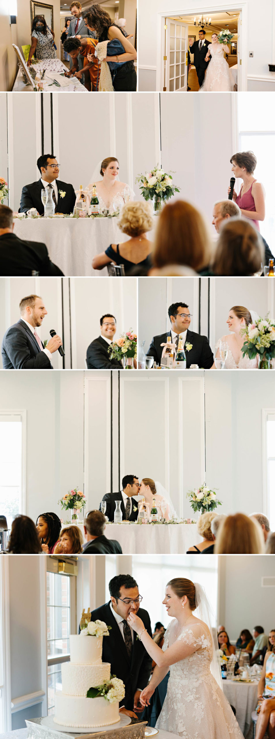 Guests sign the guest book; bride and groom make their first entrance as a married couple; bride and groom watches a wedding toast; bride and groom kiss; bride feeds cake to groom at the Grosse Ile Country Club by Detroit Wedding Photographer Michele Maloney