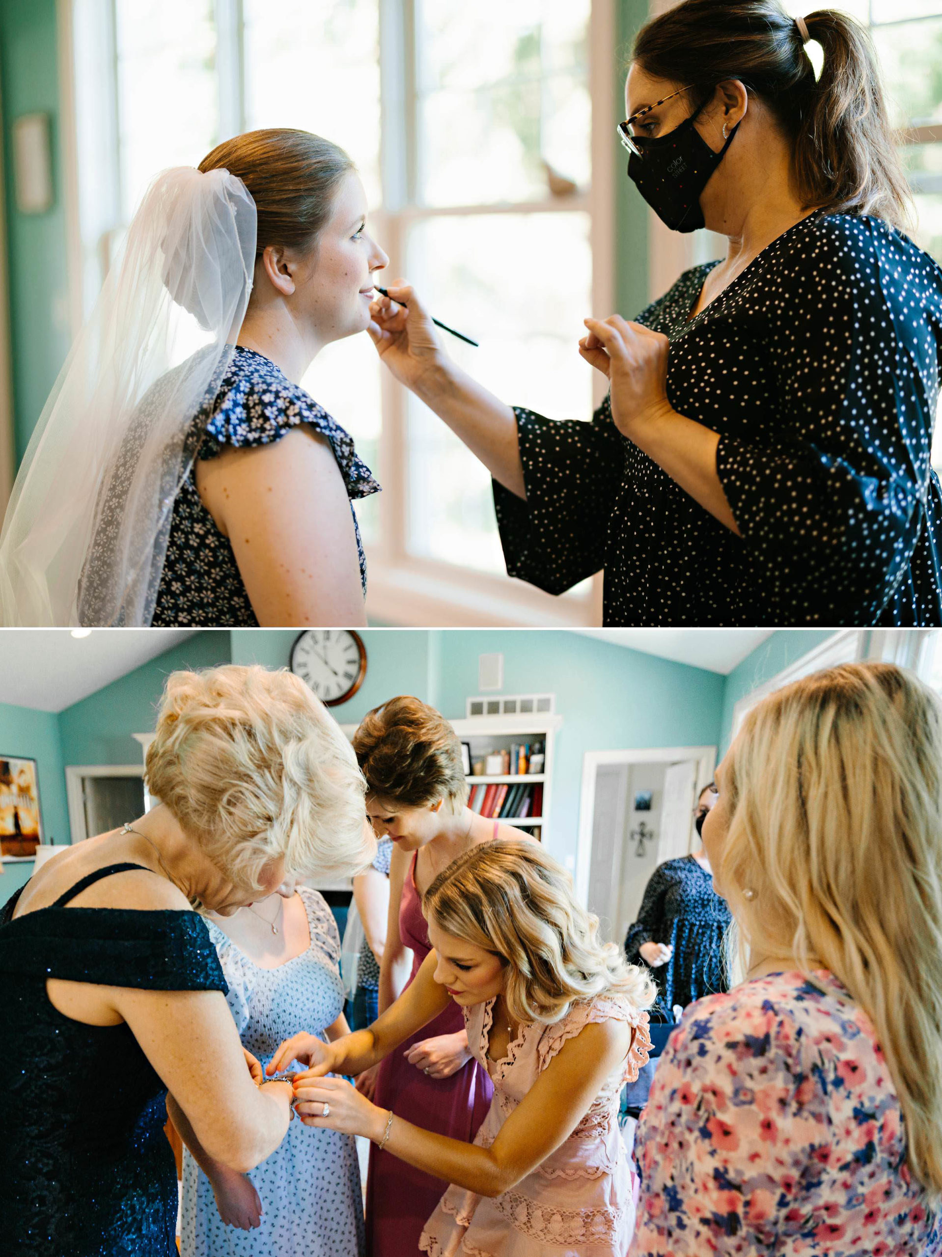 Makeup artist is doing bride's lip liner and bride is wearing veil; bride's family and friends are getting ready in a room and adjusting jewelry by Detroit Wedding Photographer Michele Maloney
