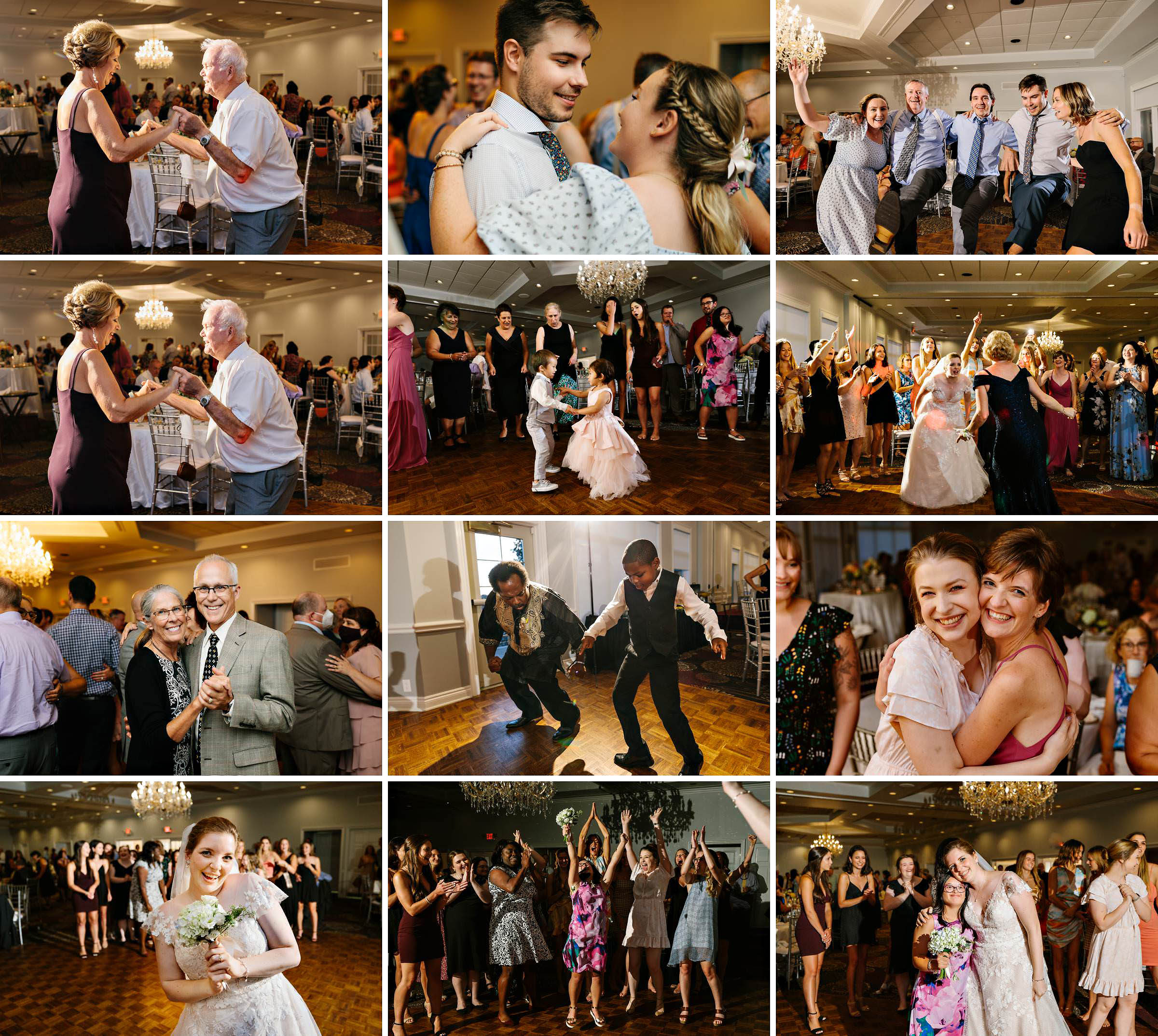 Bride and groom's loved ones smile and dance during reception; bride tosses her bouquet; bride poses with the bouquet toss winner at the Grosse Ile Country Club by Detroit Wedding Photographer Michele Maloney