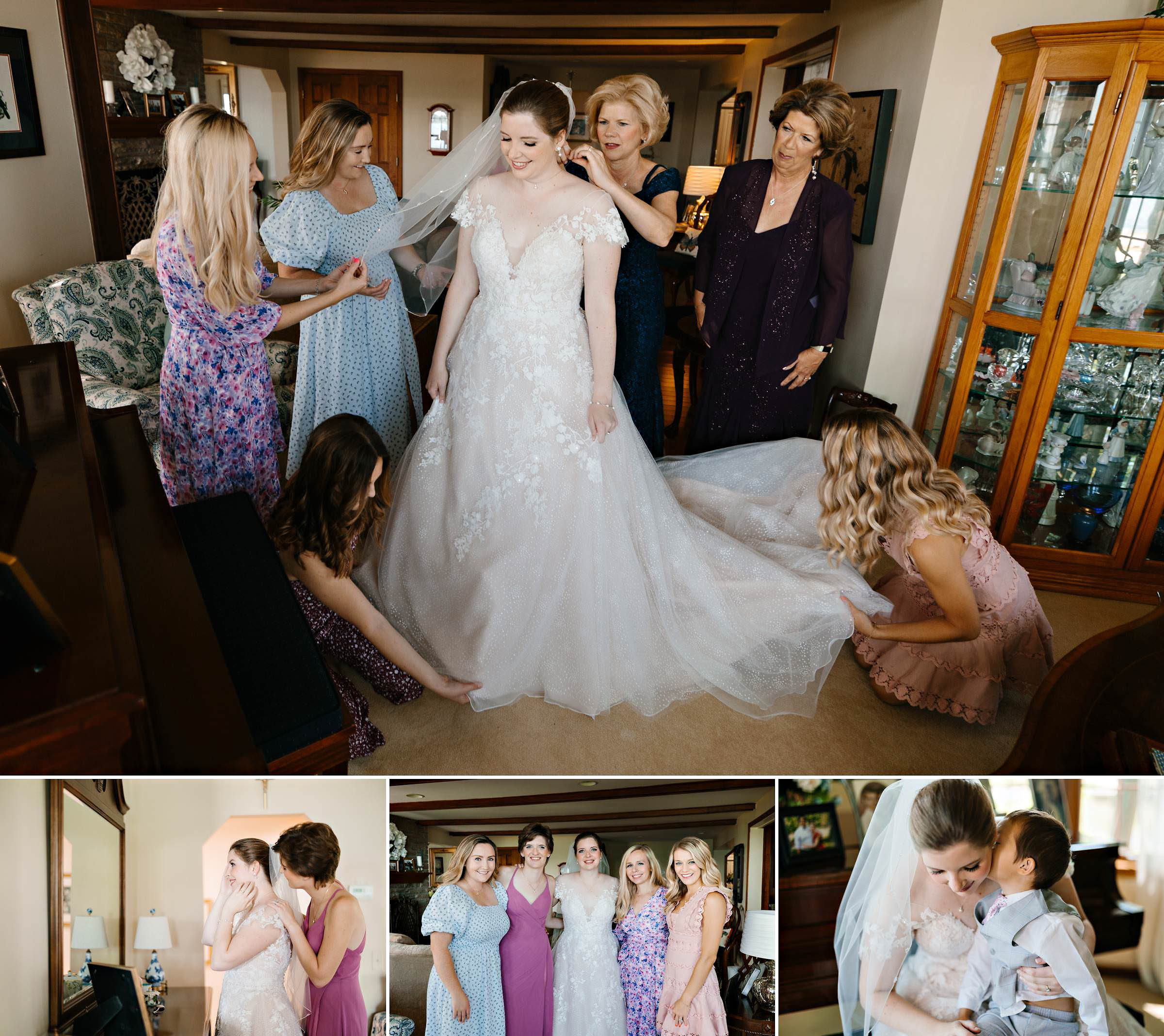 Bride's loved ones are helping her get ready, adjusting her dress; bride and bridesmaid are looking in mirror; the bride and bridesmaids take a group photo; ring bearer kisses the bride on cheek before the ceremony by Detroit Wedding Photographer Michele Maloney