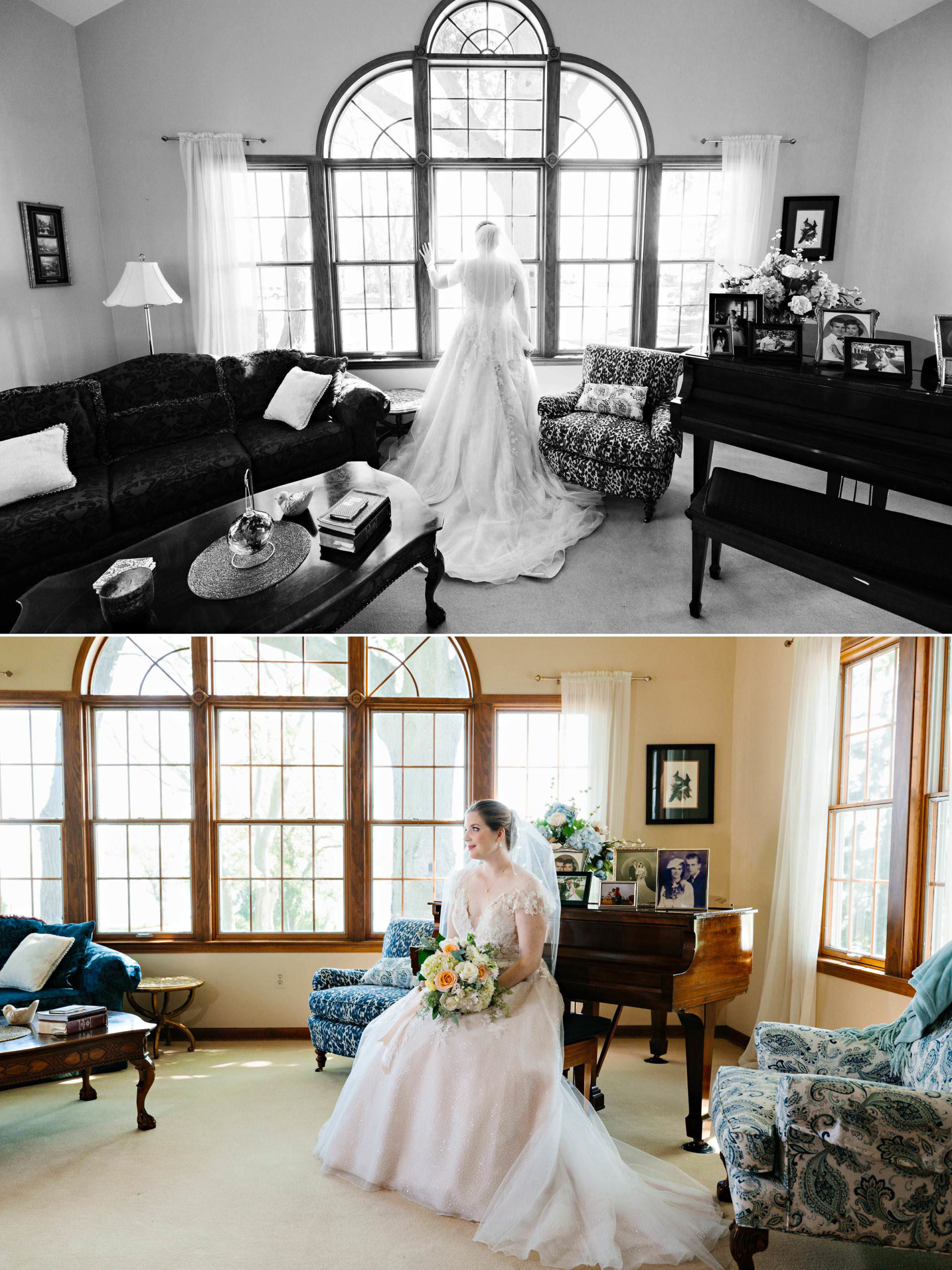 Black and white photo of bride from behind looking out of window after getting ready; bride sits and holds flower bouquet by Detroit Wedding Photographer Michele Maloney