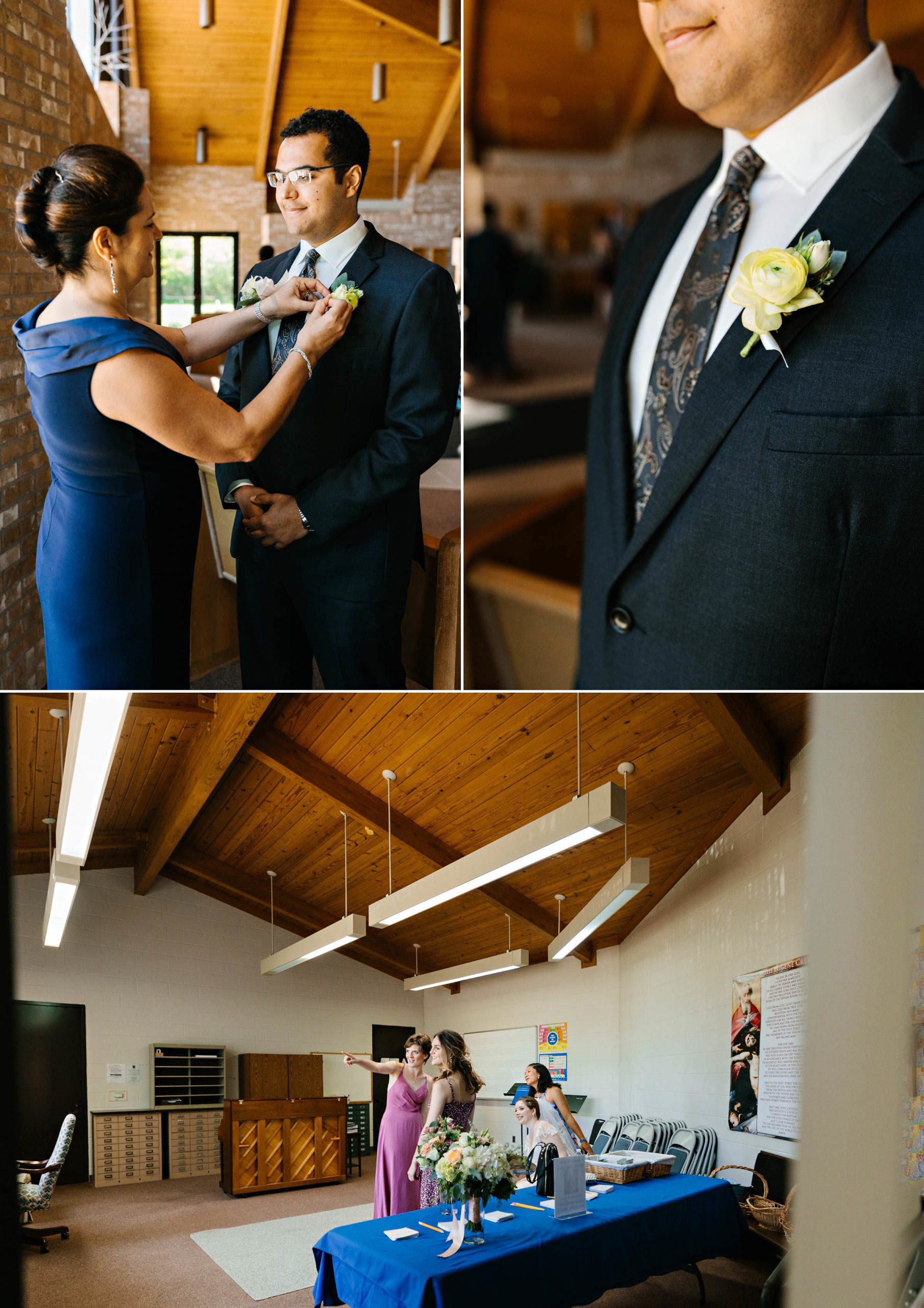 Mother of the groom pins his boutonnière; closeup of groom's boutonniere; family waits in anticipation of bride and groom by Detroit Wedding Photographer Michele Maloney 
