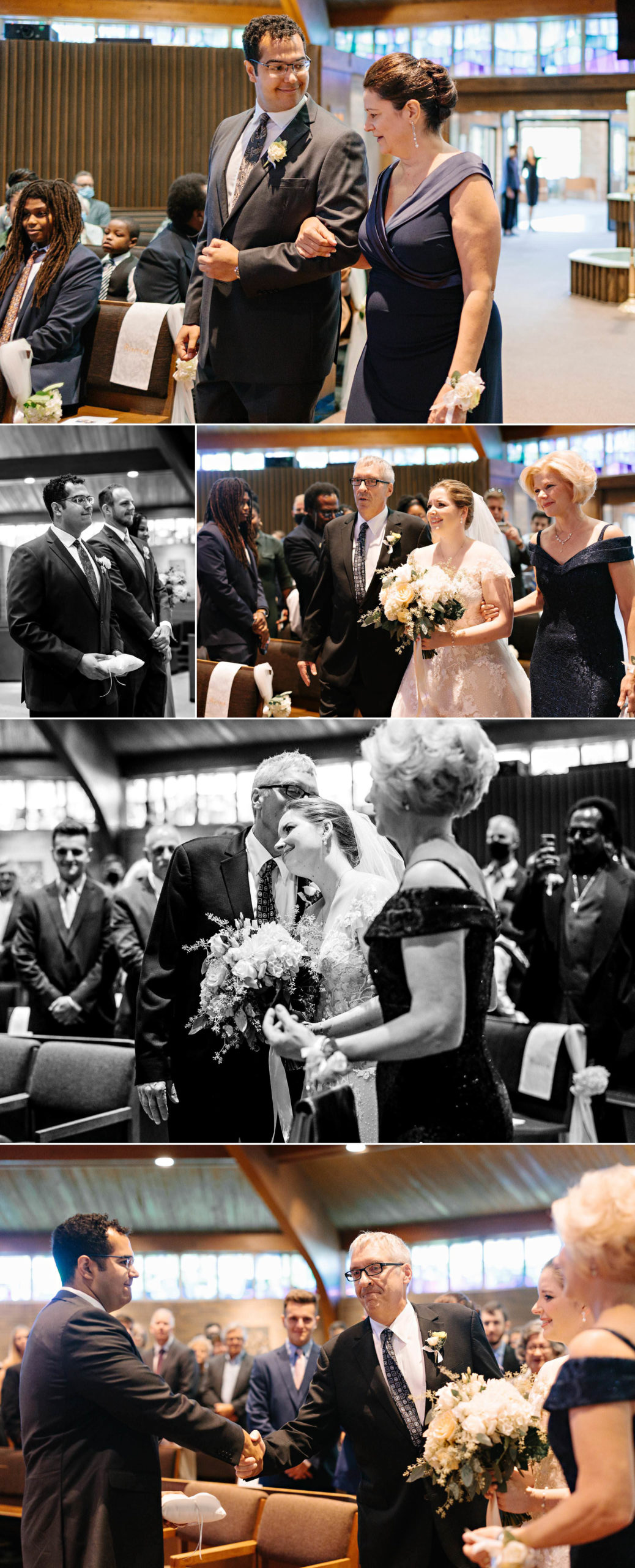 Groom walks family member down the aisle; black and white photo of groom waiting for bride; brides parents walk her down the aisle; black and white photo of bride's father giving her a kiss on the head before giving her away; groom and father of the bride shake hands at the end of aisle by Detroit Wedding Photographer Michele Maloney