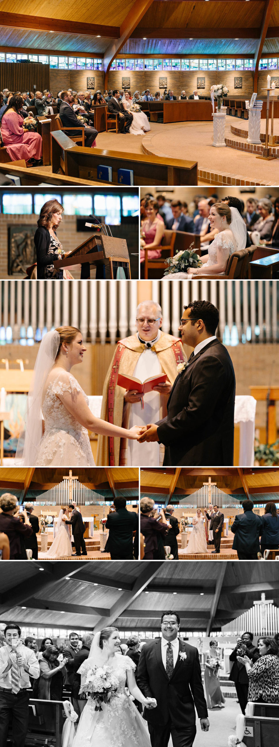 Bride and groom sit at front of church in front of the stage; woman gives wedding charge at the podium; bride and groom smile from the pews; bride and groom hold hands and look at each other during the ceremony; faraway shot of bride and groom embracing in the church during ceremony; faraway shot of bride and groom holding hands about to exit the ceremony; black and white photo of bride and groom walking back down the aisle by Detroit Wedding Photographer Michele Maloney 