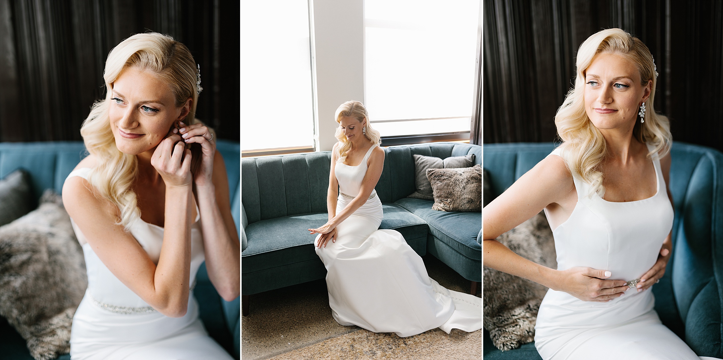 Bride fastens her earrings; sits and smiles on a couch; bride looks out the window after getting ready by Detroit Wedding Photographer Michele Maloney
