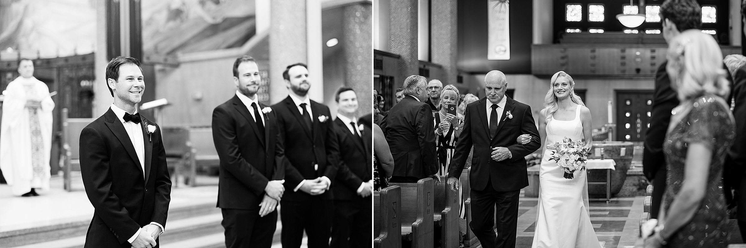 Black and white photo of groom watching his bride walk down the aisle; black and white shot of bride and father of the bride walking down the aisle by Detroit Wedding Photographer Michele Maloney