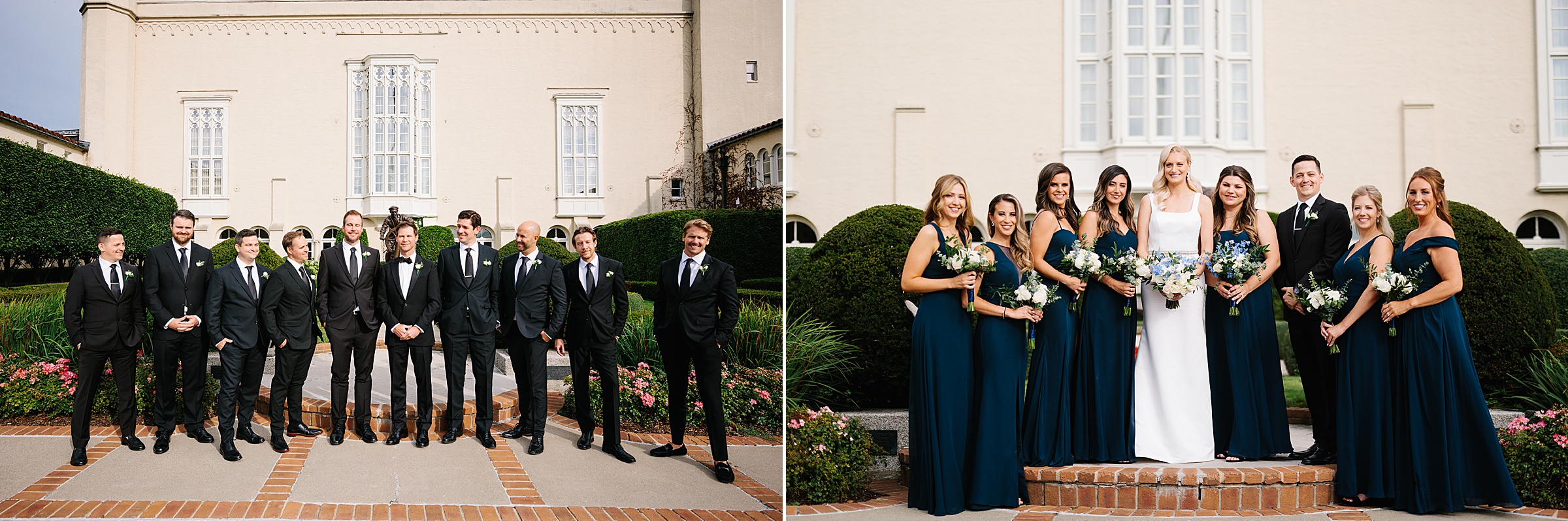 The groomsmen pose for pictures with the groom; the bridesmaids pose for a portrait with the bride at the Grosse Pointe Yacht Club by Detroit Wedding Photographer Michele Maloney