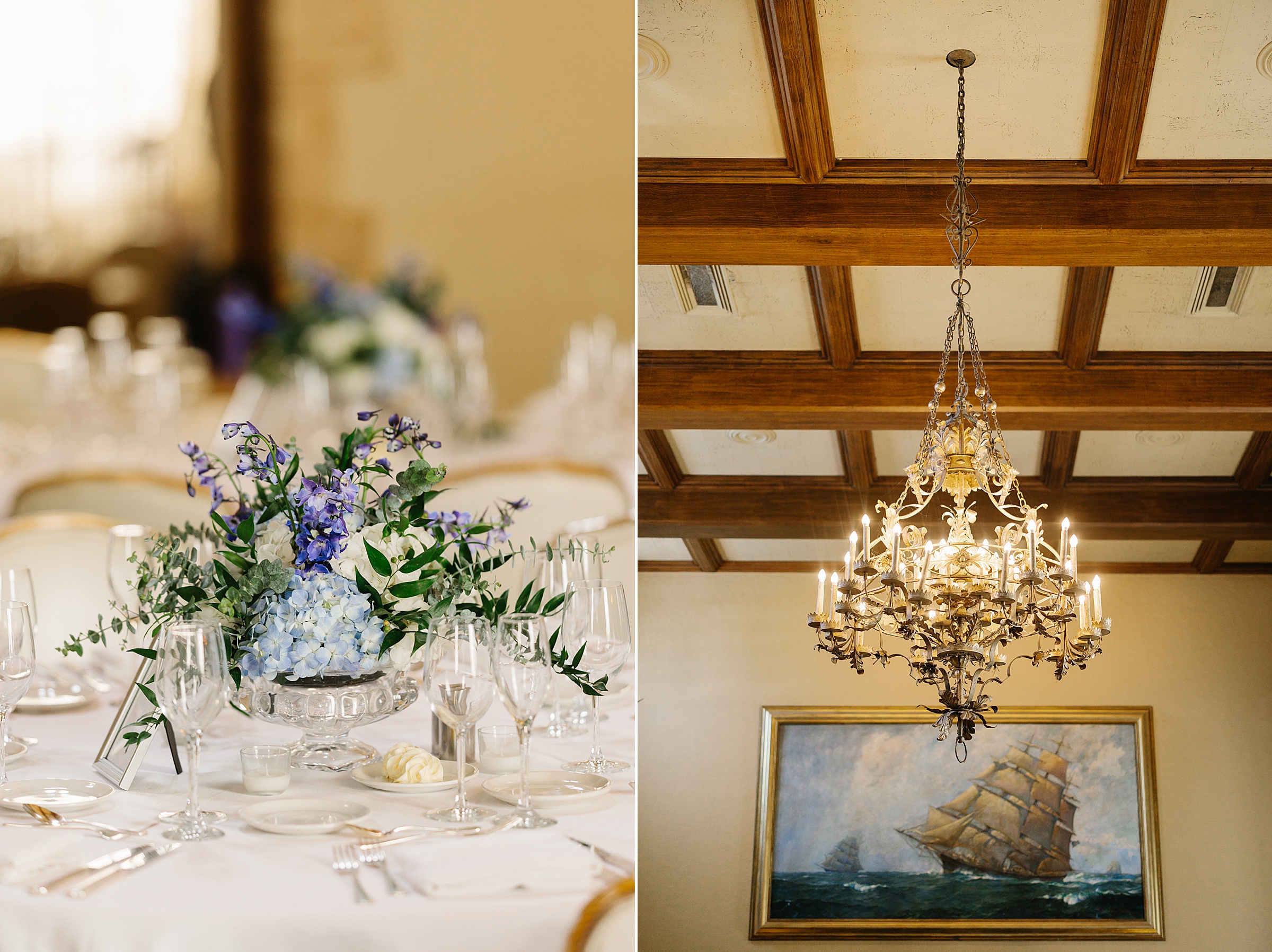 Detailed table setting shot; picturesque photo of a chandelier hanging above a painting at the Grosse Pointe Yacht Club by Detroit Wedding Photographer Michele Maloney