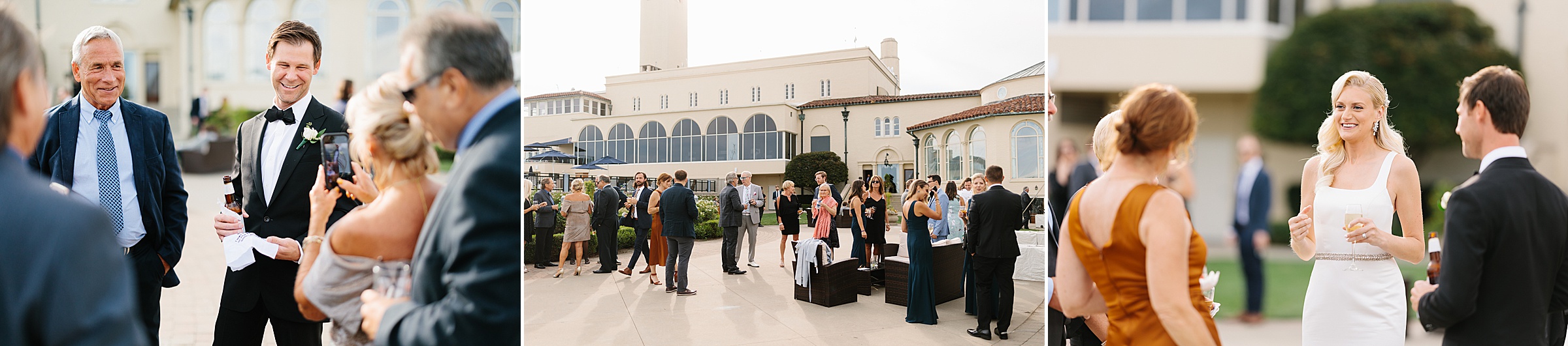 Groom talks to wedding guests; guests gather outside the reception; bride talks to loved ones after ceremony at the Grosse Pointe Yacht Club by Detroit Wedding Photographer Michele Maloney