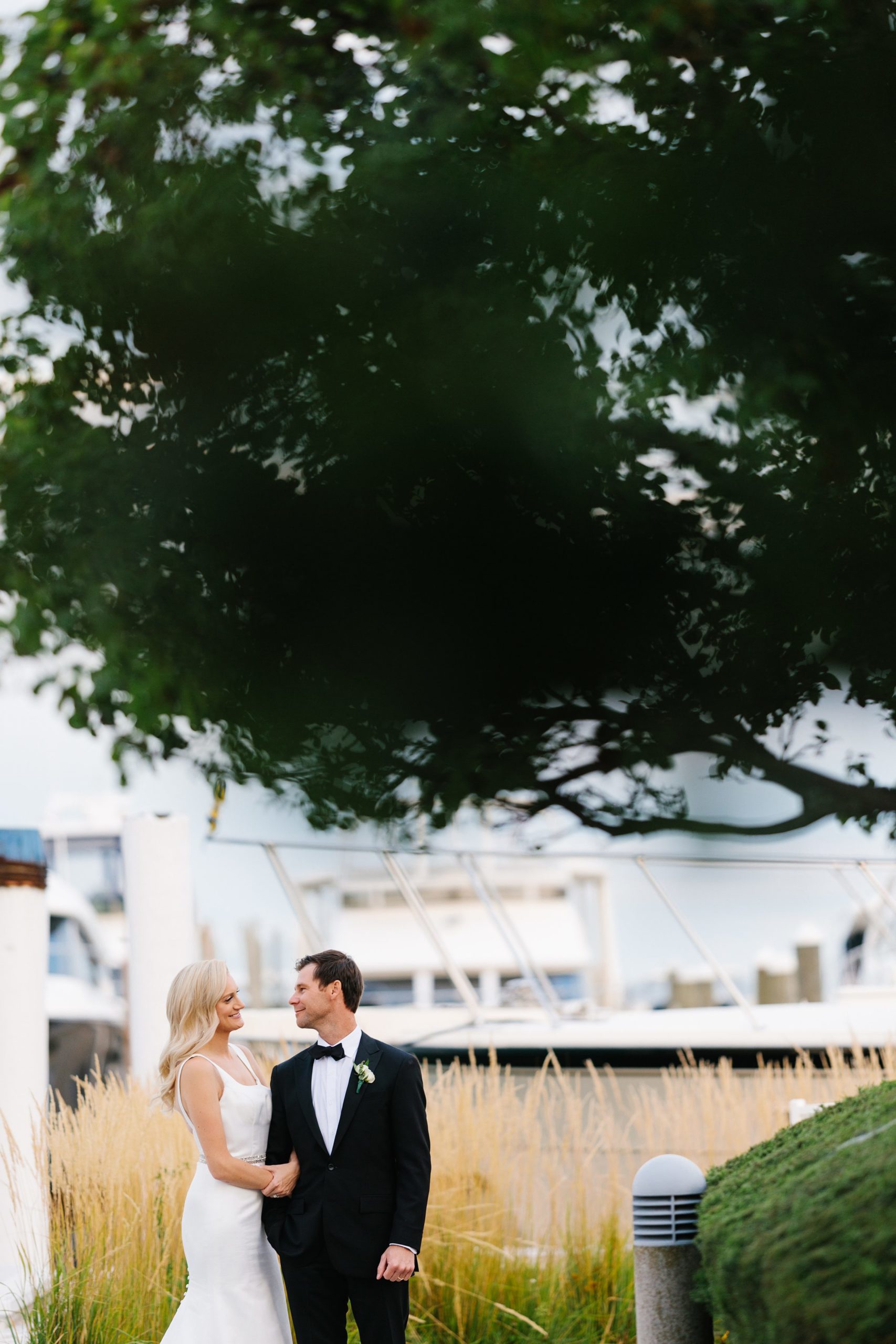 Faraway shot of the bride holding the grooms arm under a tree at the Grosse Pointe Yacht Club by Detroit Wedding Photographer Michele Maloney