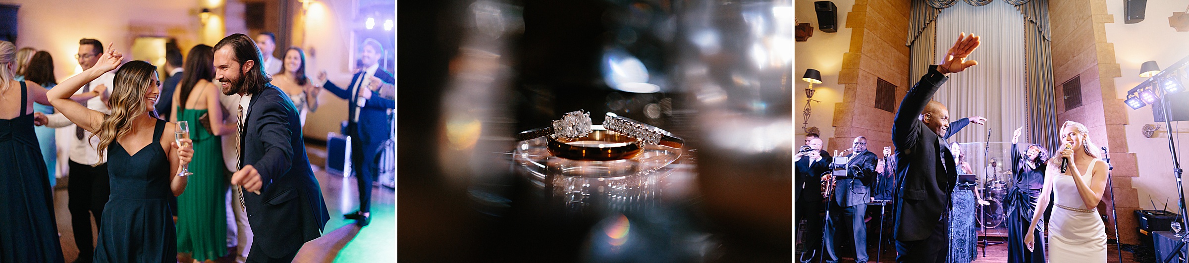 Guests dance; detailed shot of wedding ring; the bride steals the mic at the Grosse Pointe Yacht Club by Detroit Wedding Photographer Michele Maloney
