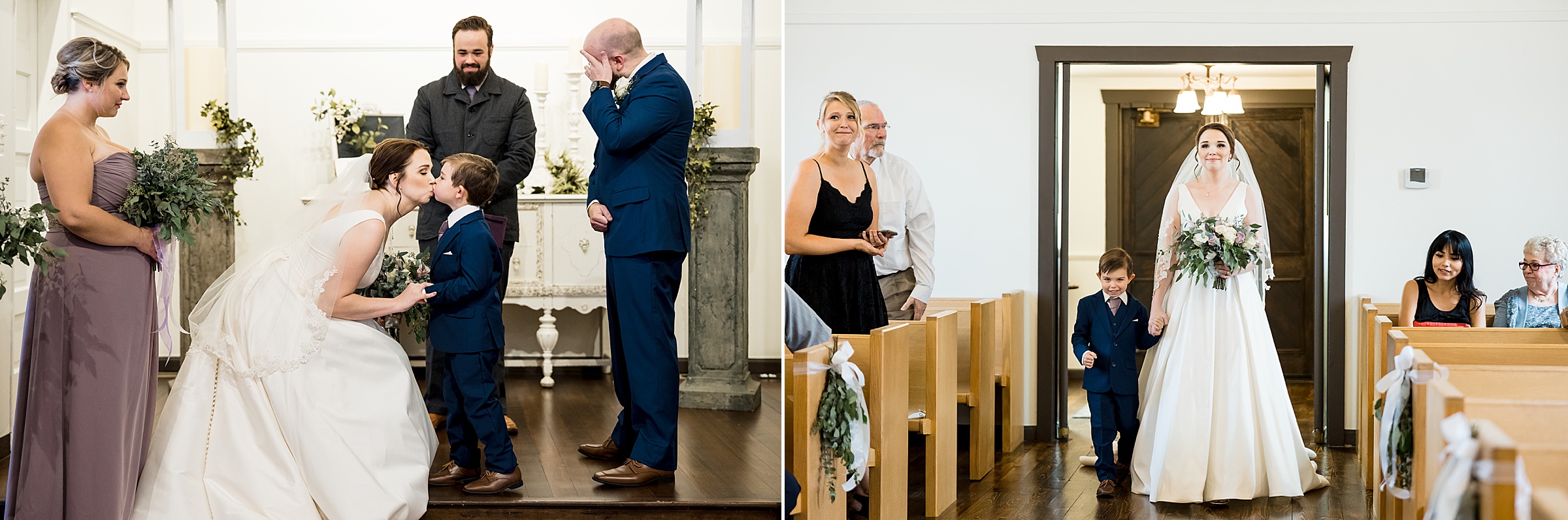 Bride gives ring bearer a kiss at the end of the aisle and groom wipes his tears; bride hold hands with the ring bearer as they walk down the aisle at All Saints Wedding Chapel by Detroit Wedding Photographer Michele Maloney