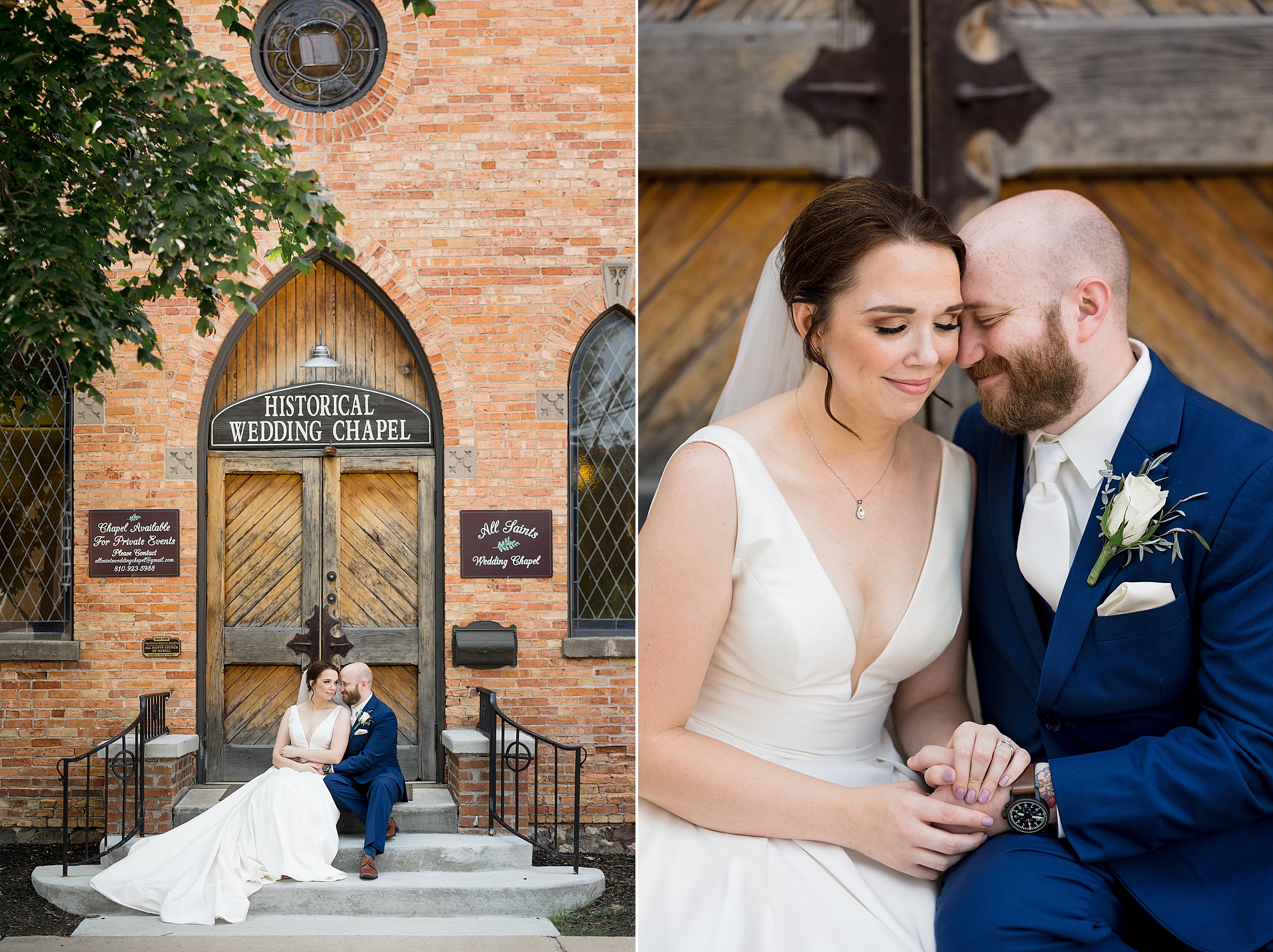 Bride and groom sit down on steps outside of All Saints Wedding Chapel; close up photo of bride and groom cozying up in front of All Saints Wedding Chapel by Detroit Wedding Photographer Michele Maloney