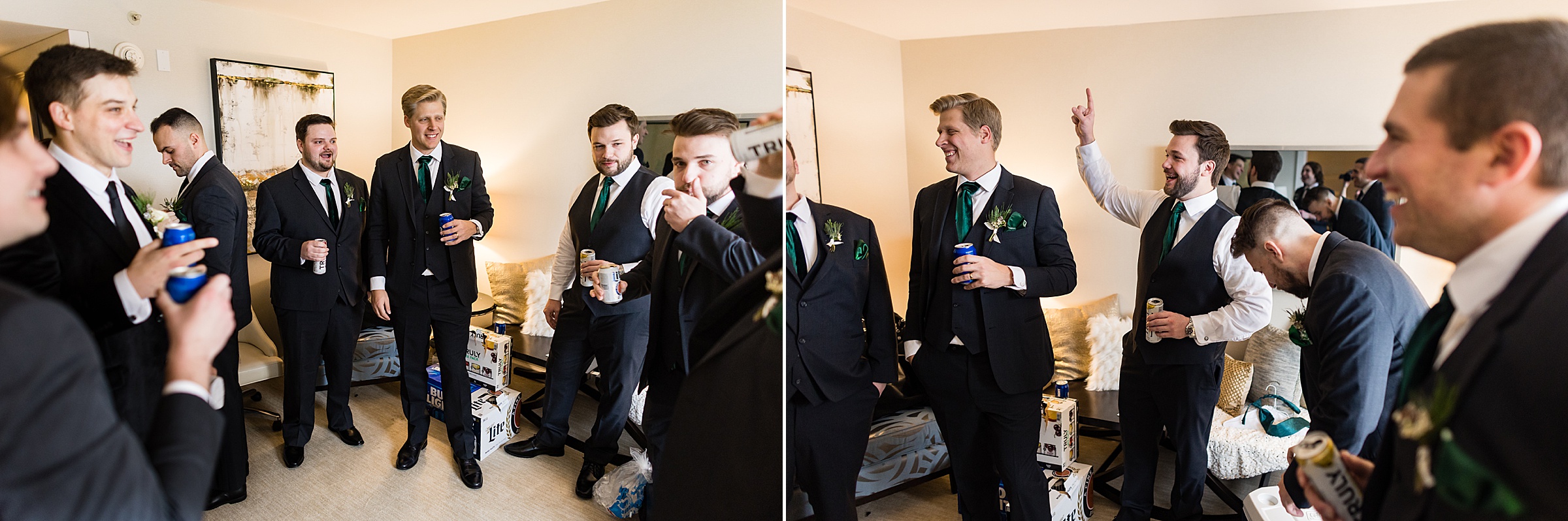 Groomsmen are all dressed and ready, smiling and laughing together by Detroit Wedding Photographer Michele Maloney