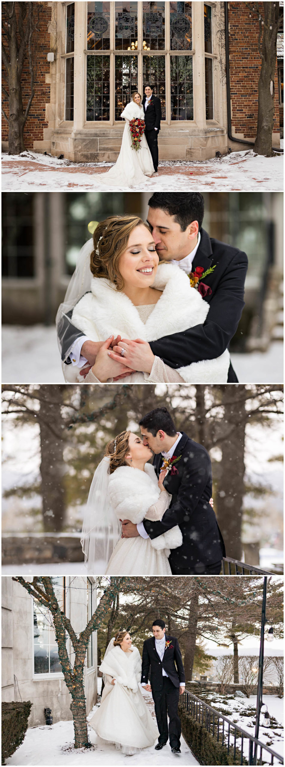 Bride and groom smile for camera outside the Pine Knob Mansion; groom hugs bride from behind and they smile; bride and groom kiss out in the snow; bride and groom walk together while holding hands by Detroit Wedding Photographer Michele Maloney