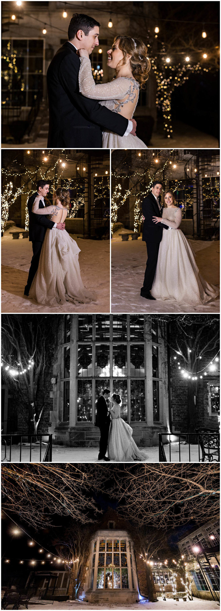 Bride and groom smile at each other outside for evening photos with twinkling lights and snow; outside shot of bride and groom embracing in the window of the Pine Knob Mansion by Detroit Wedding Photographer Michele Maloney 
