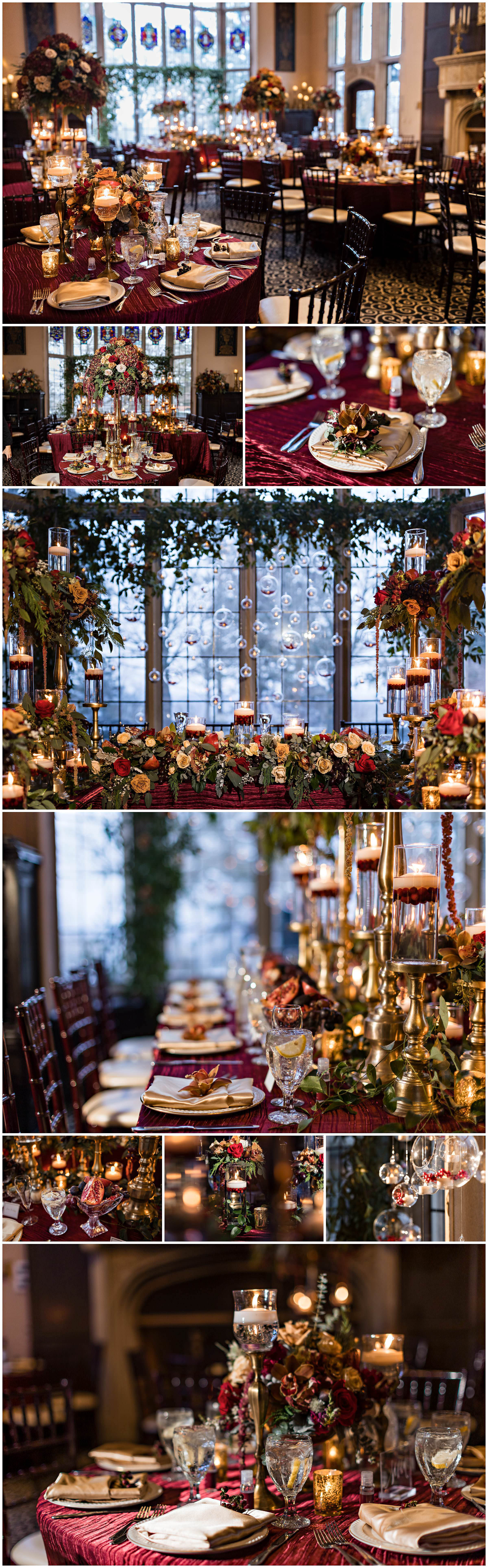 Detailed shots of the reception in the Pine Knob Mansion; candles, flowers, table settings by Detroit Wedding Photographer Michele Maloney 